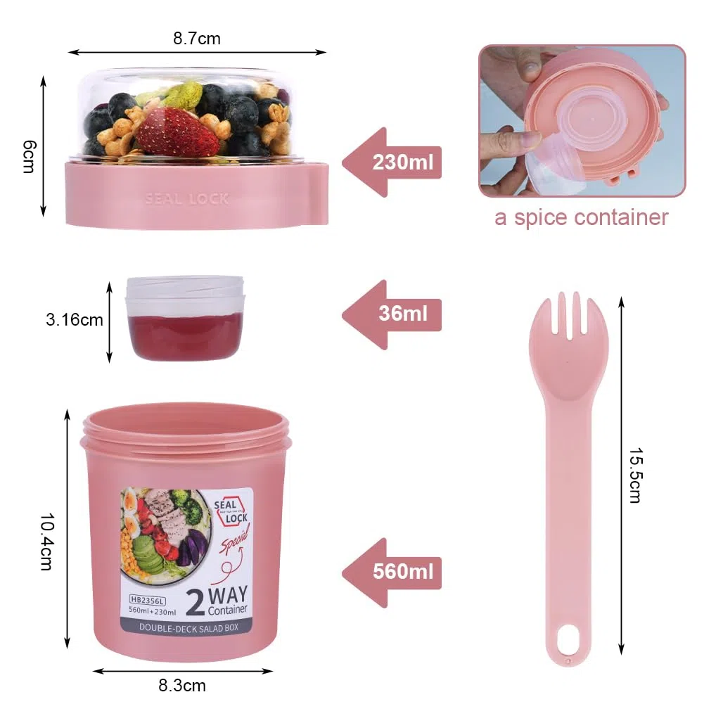 HOTUT Taza de Cereales para Llevar, 560 ml + 230 ml Contenedor De Avena Durante La Noche,Vaso Cereales Con Tapa Y Cuchara,Sin BPA,Compartimentos Separados,Vaso Desayuno To Go (Rose)