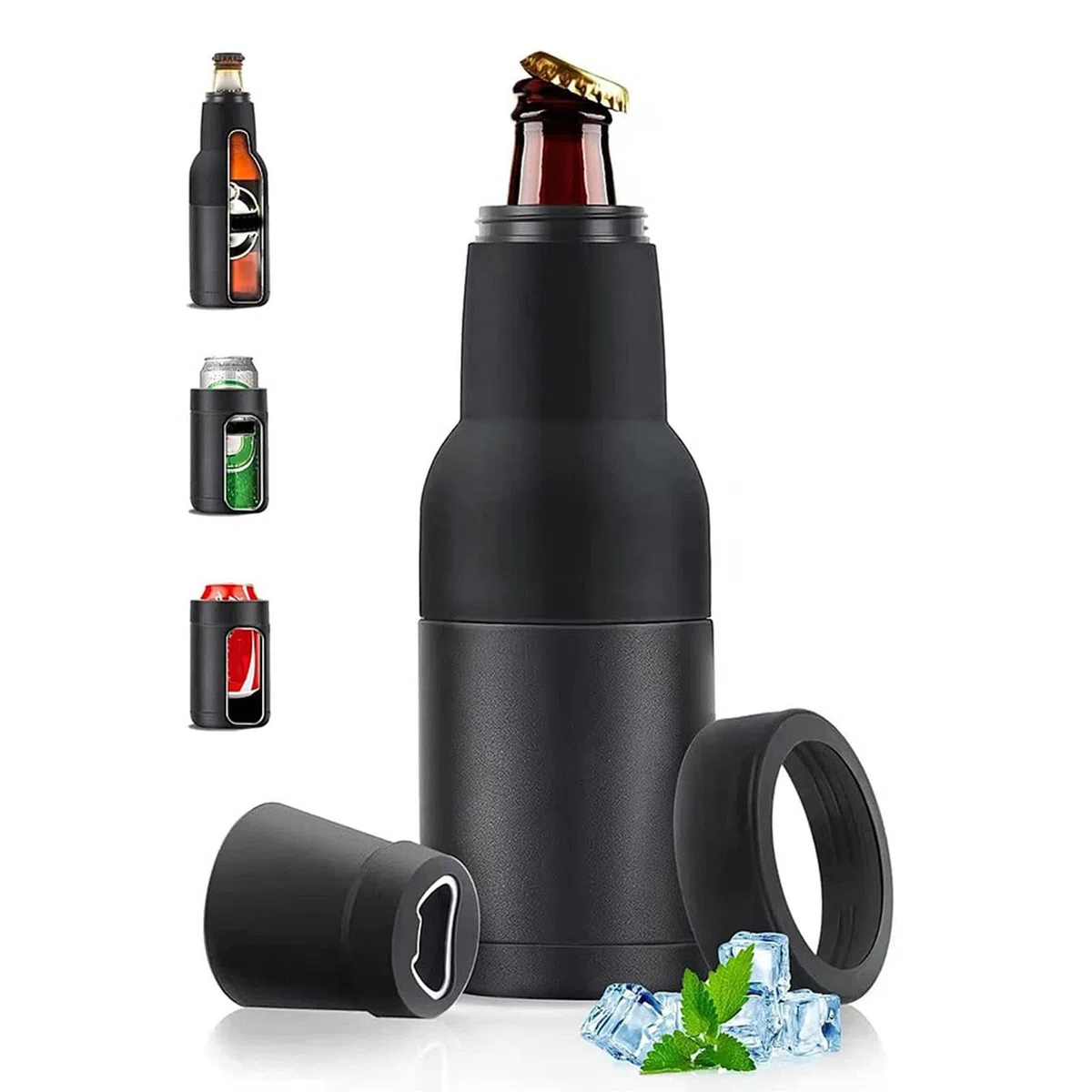 Enfriador 3 en 1 para Botellas y Latas de Cerveza - Con Abridor y Soporte Aislado Al Vacío de Doble Pared de Acero Inoxidable