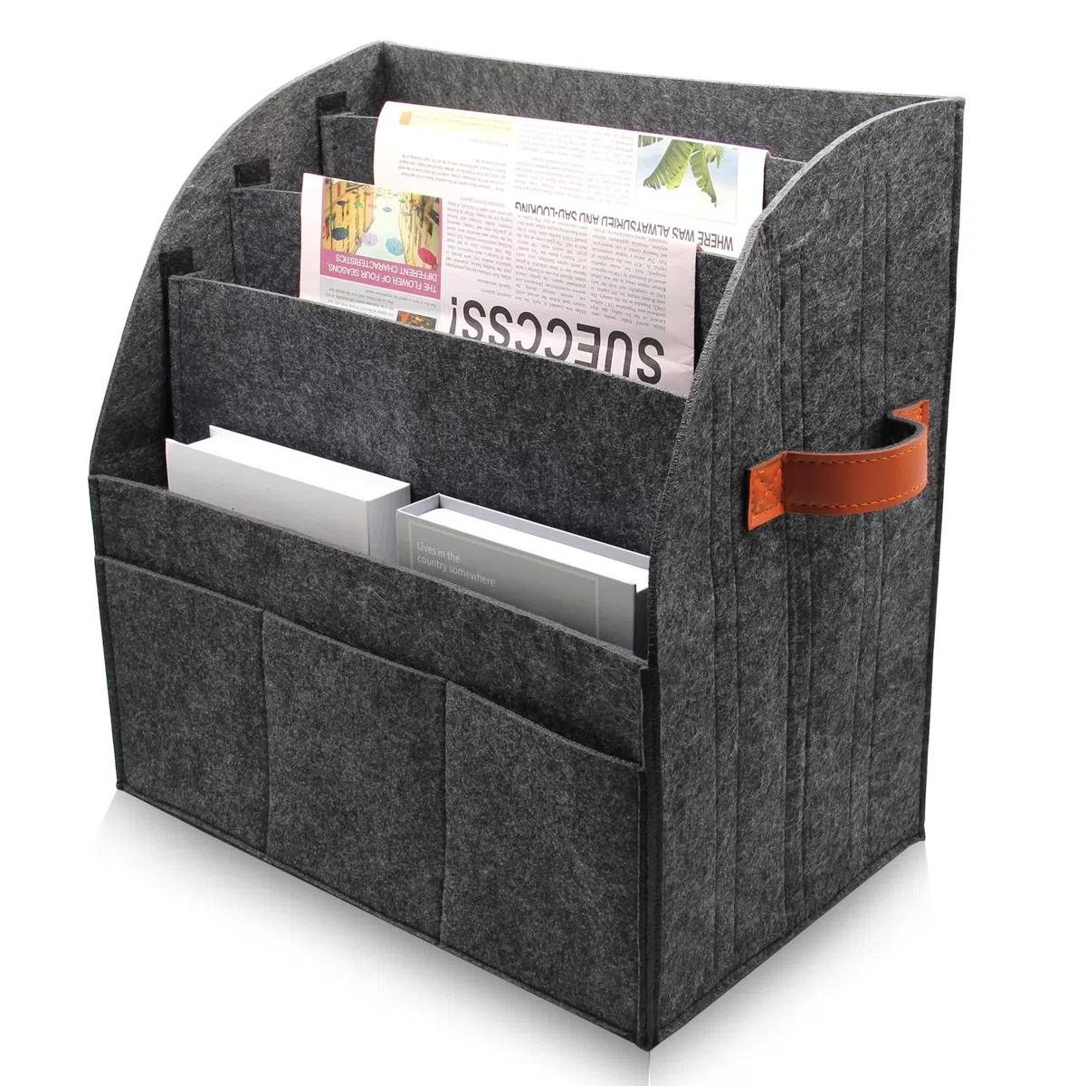 Revistero de fieltro grande plegable, separador de 4 capas, 3 bolsillos pequeños externos, vasos y superficie para teléfono, tamaño 40 x 40 x 25 cm