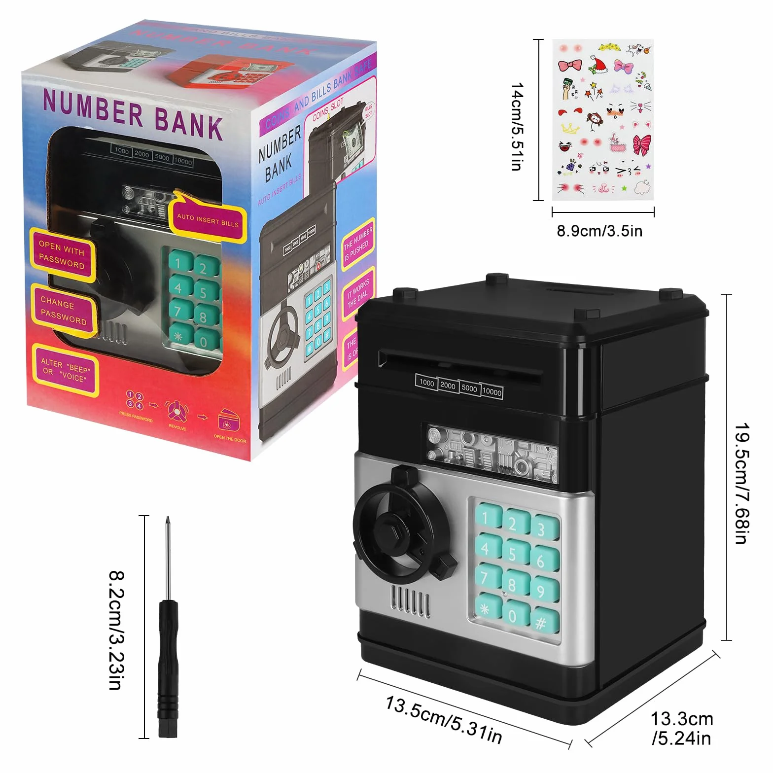 UCAMP Hucha electrónica para niños,Cajero Automático Digital con Contraseña y Recepción Automática de Dinero,Incluye 6 Pegatinas,Destornillador,Regalo para Niños y Niñas de 3 a 12 Años (Negro)