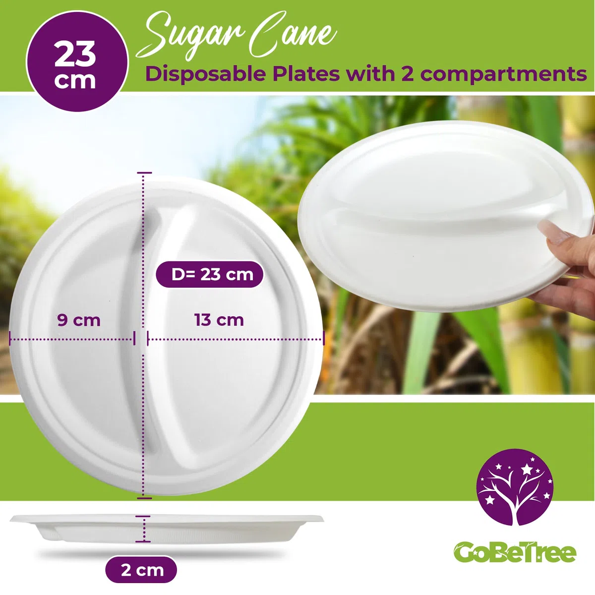 GoBeTree 100 Platos desechables de 23 cm con 2 compartimentos. Platos de caña de azúcar, Vajilla desechable extrafuertes de Color Blanco. Platos Redondos.