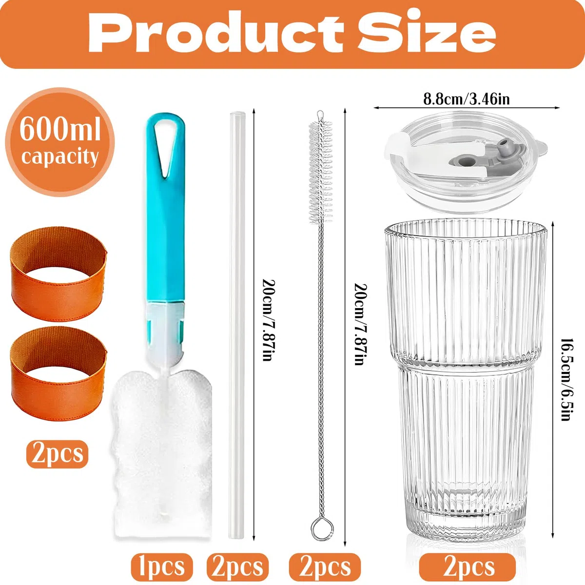 2 vasos de cristal acanalados con tapa, 600 ml