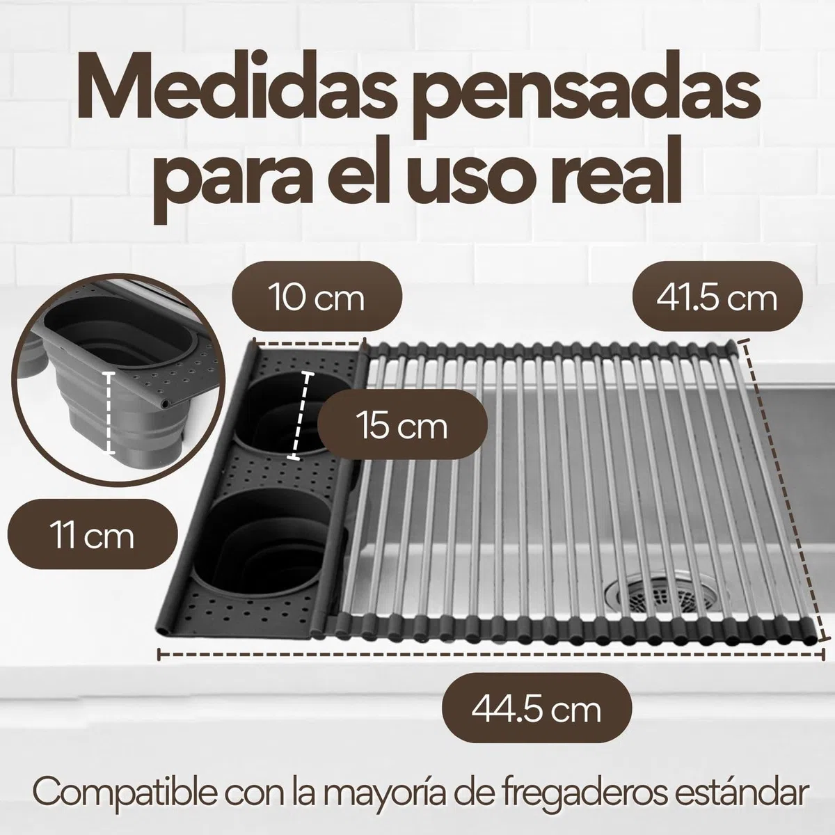 ️ Escurreplatos sobre Fregadero Plegable con 2 Cestas Abatibles Integradas de Silicona Cubiertos y Utensilios Cocina | Escurridor de Platos para Fregadero de Acero Inoxidable y Silicona (Gris)