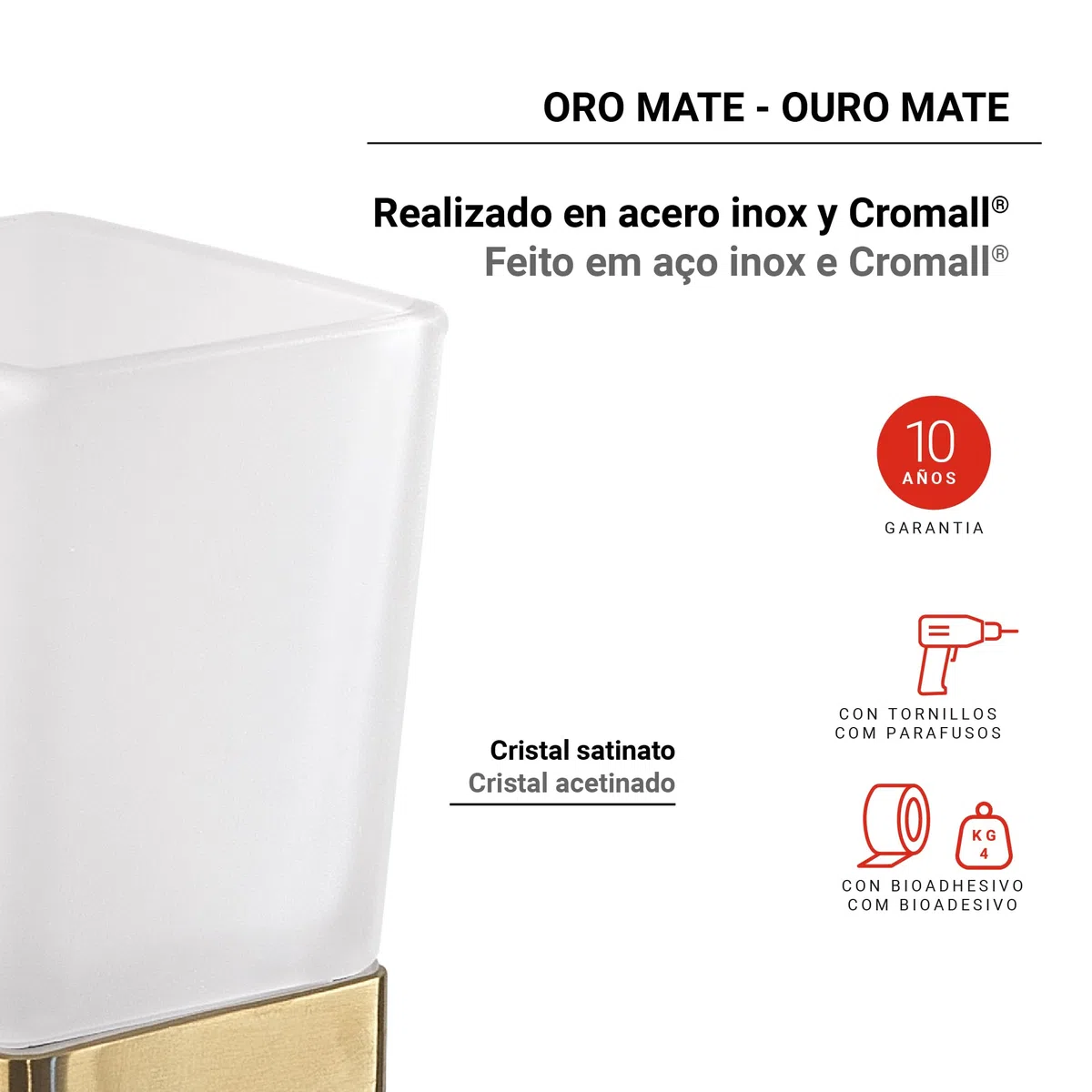 Gedy Tonga Portacepillos Dientes Baño Pared 6,4x9,7x10,5cm Acero INOX y Cromall Cristal Satinado Oro Mate PVD, Tornillos y Biadhesivo Incluidos