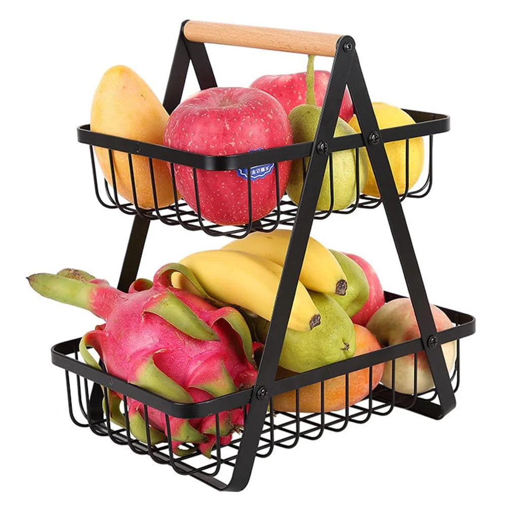 JUVEL Cesta para Fruta 2 Pisos Cesta de pan Cesta de Verduras Soporte de Madera Fruteros de Cocina Modernos Cesta de Frutas Desmontable para Almacenamiento de Cocina