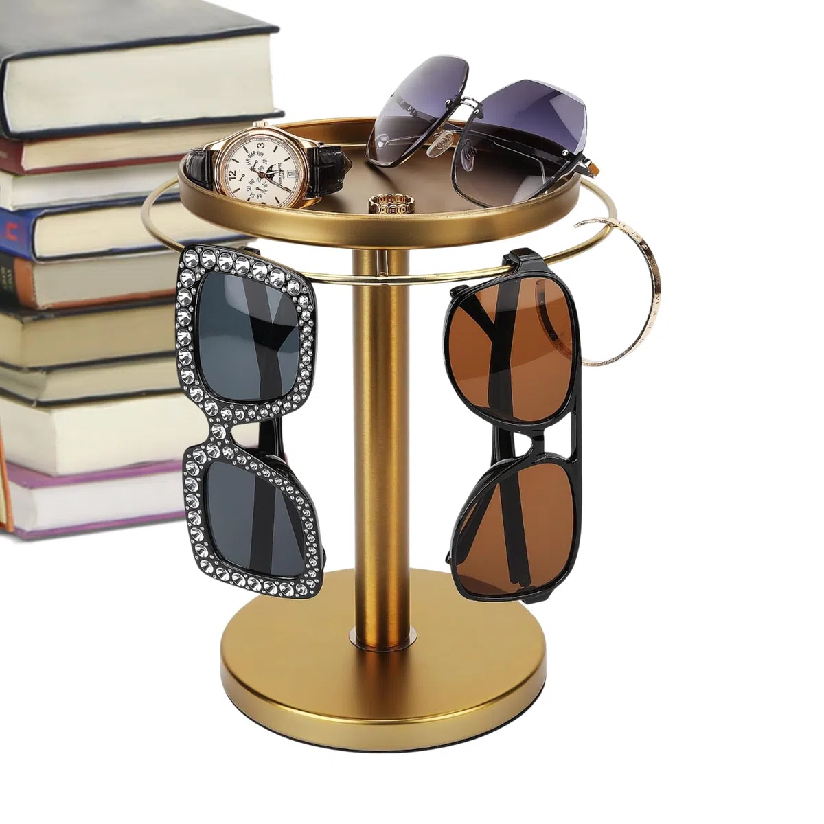 Expositor para Gafas - Organizador Giratorio a 360 Grados | Porta Gafas de Sol de Hierro con Bandeja para Joyas, Relojes, cosméticos | Estante de Almacenamiento doméstico Desmontable para tocador,