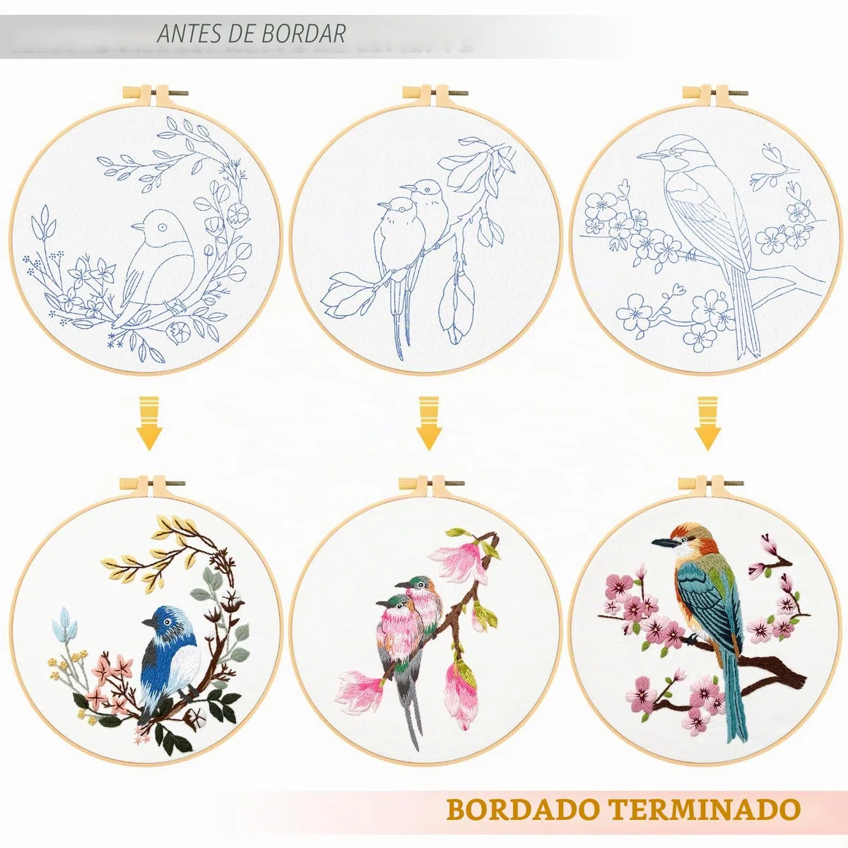 JSRQT 3 Piezas Bordado de Mano Kit Bordado Pájaros Flores Cross Stitch a Mano Patrones para Bordar para Principiantes Adultos Embroidery Kit Bordado Starter Kit Punto de Cruz Kit Completo Manualidades