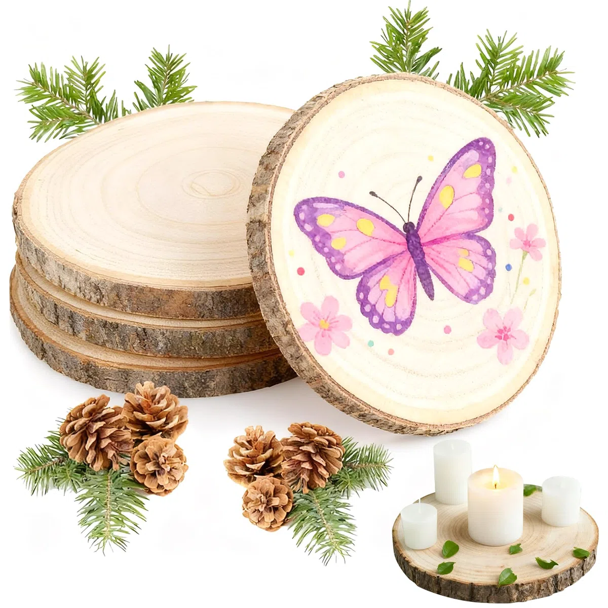 4 Unidades De 20-23 cm Rodajas de Madera, Troncos Madera Decoracion, Manualidades, Rodajas con Corteza para Arte de Navidad, Adornos para Manualidades