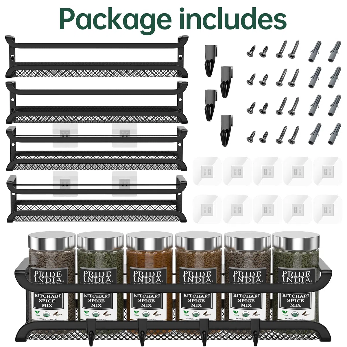 TRAYINDALY Especieros Para Cocina, 4 Piezas Especiero Pared, Organizador Cocina Con 4 Ganchos Móviles, Organizador Especias Cocina Sin Taladrar, Spice Rack Negro para Cocina Armarios y Baño