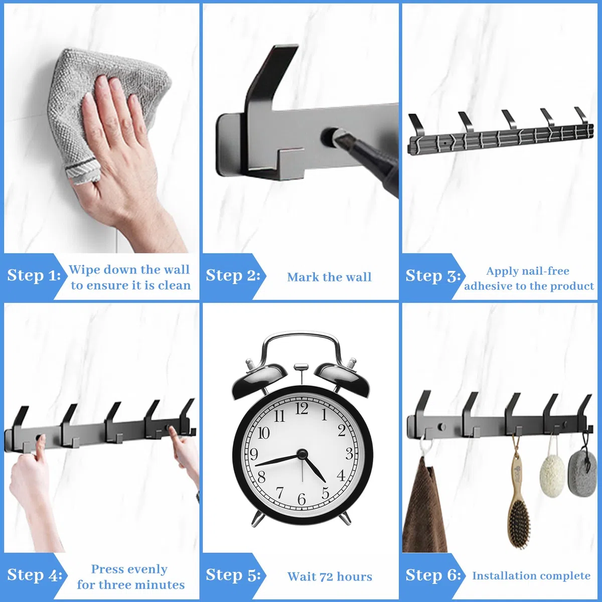 Percheros Pared, Perchero De Pared Con 5 Ganchos Adecuado Para Cocina, Dormitorio, Baño, Obsidiana Negra