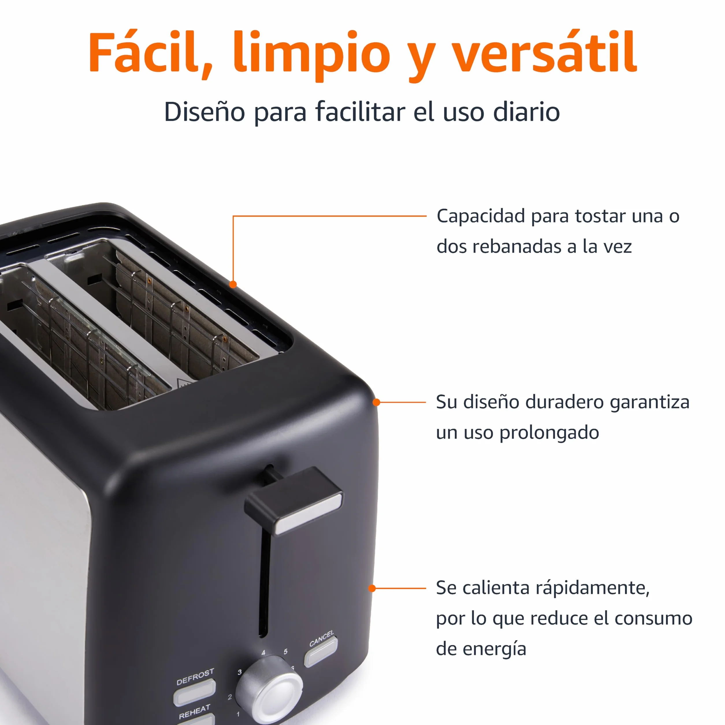Amazon Basics Tostadora 2 Rebanadas con 7 Niveles de Tostado y Bandeja para Migas Extraíble, Ranuras Extra Anchas, 800W, Negro