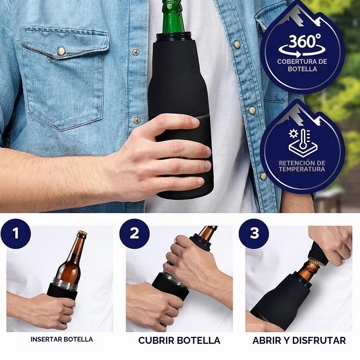 Enfriador 3 en 1 para Botellas y Latas de Cerveza - Con Abridor y Soporte Aislado Al Vacío de Doble Pared de Acero Inoxidable