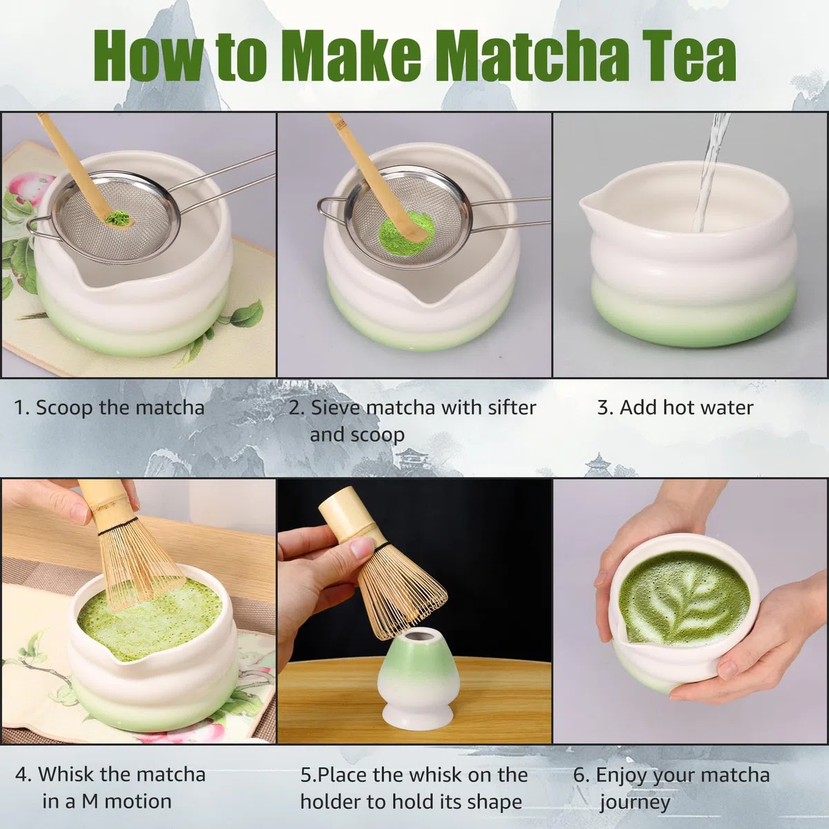 Juego de escobas Matcha con accesorios: cuchara, batidor, portaescobas, colador, whisk, juego de té tradicional para los amantes del té