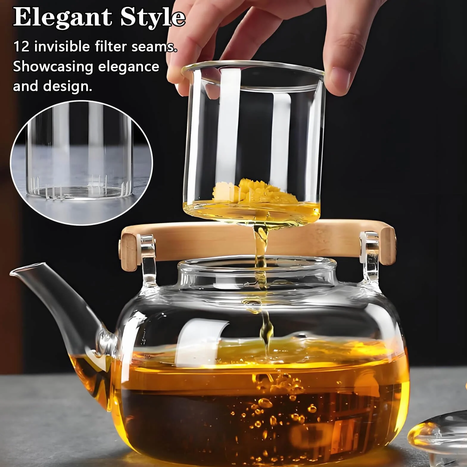 DxxD Tetera de Vidrio Transparente con Colador Extraíble, 1000 ml, para Té, Café y Infusiones, Apta para Lavavajillas, 19 x 15 x 12.5 cm