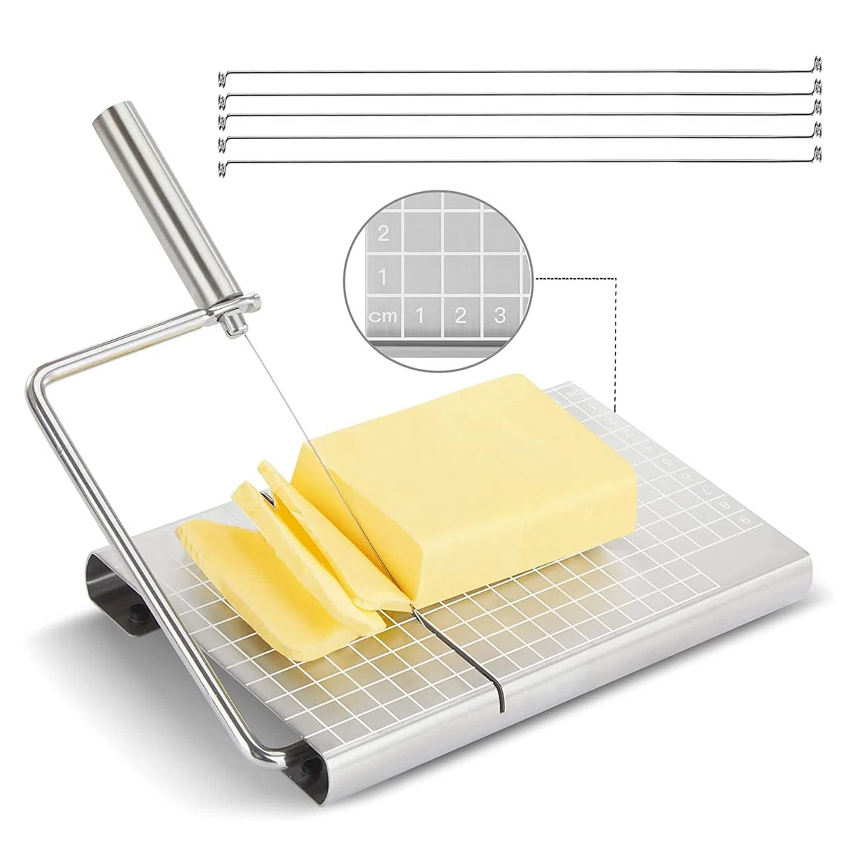 Cortador de queso intercambiable de acero inoxidable, cortador de queso con tabla y rejilla de medición, con 5 cables adicionales para queso bloque, mantequilla y queso