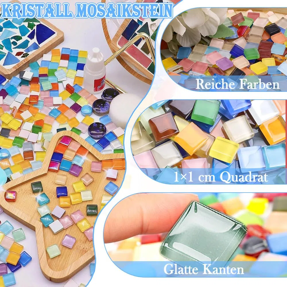 Azulejos de mosaico de cristal de 900 g, 1 x 1 cm, azulejos de mosaico para artes y manualidades, alrededor de 1000 piezas de mosaico de colores mixtos para manualidades, platos, macetas