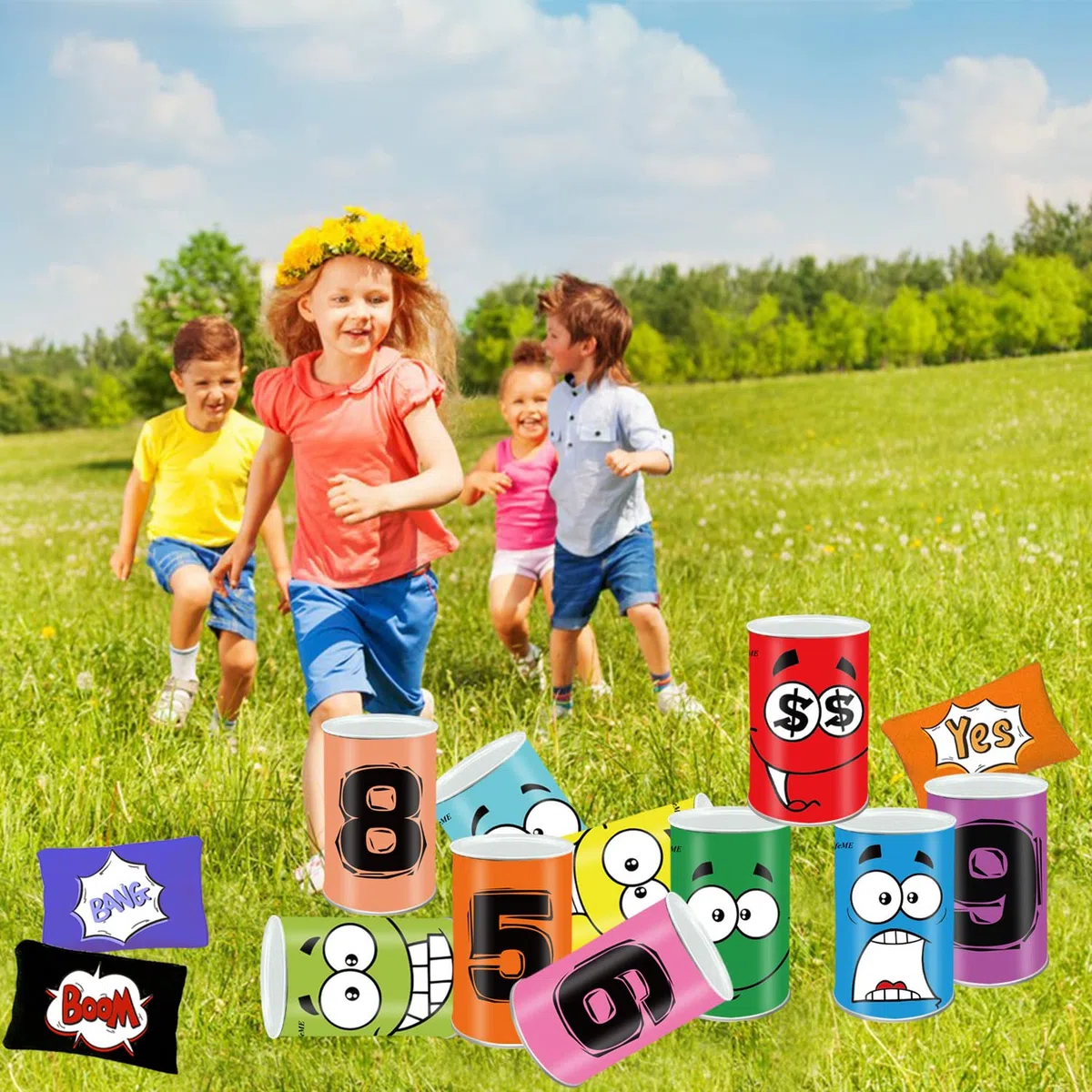 Juegos Exterior Niños Jardin, Juego de Lanzamiento, Juego Tirar Latas Punteria, 10pcs Sonreír Metal Tirar Latas + 3pcs Bolsas de Frijol + 3pcs Medalla, Callejón de Lata Juguetes para Fiesta