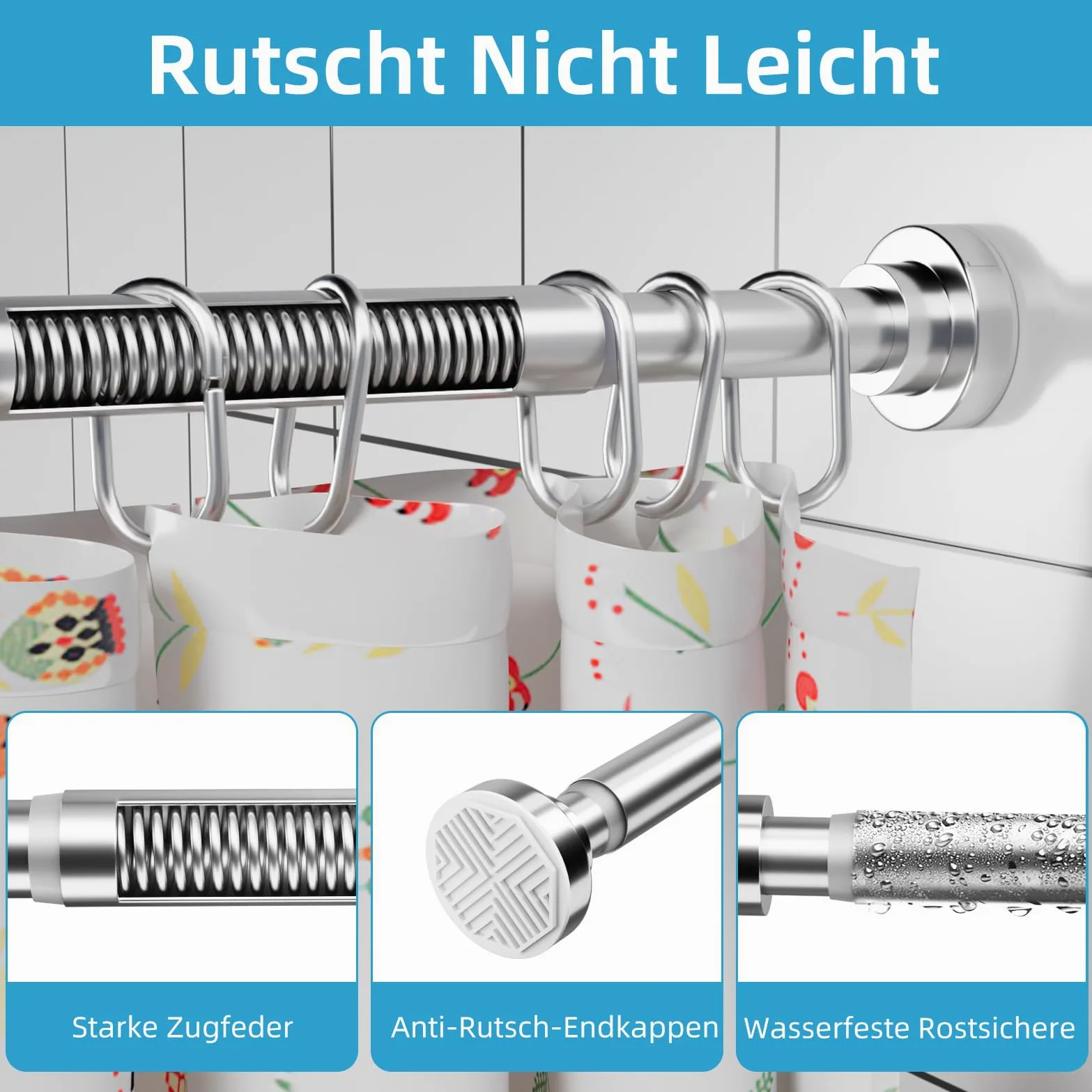 Barra para cortina de ducha sin agujeros de acero inoxidable - Barra telescópica extensible - Antióxido y antideslizante - Barra de ducha ajustable de 70 a 195 cm - Ideal para baño