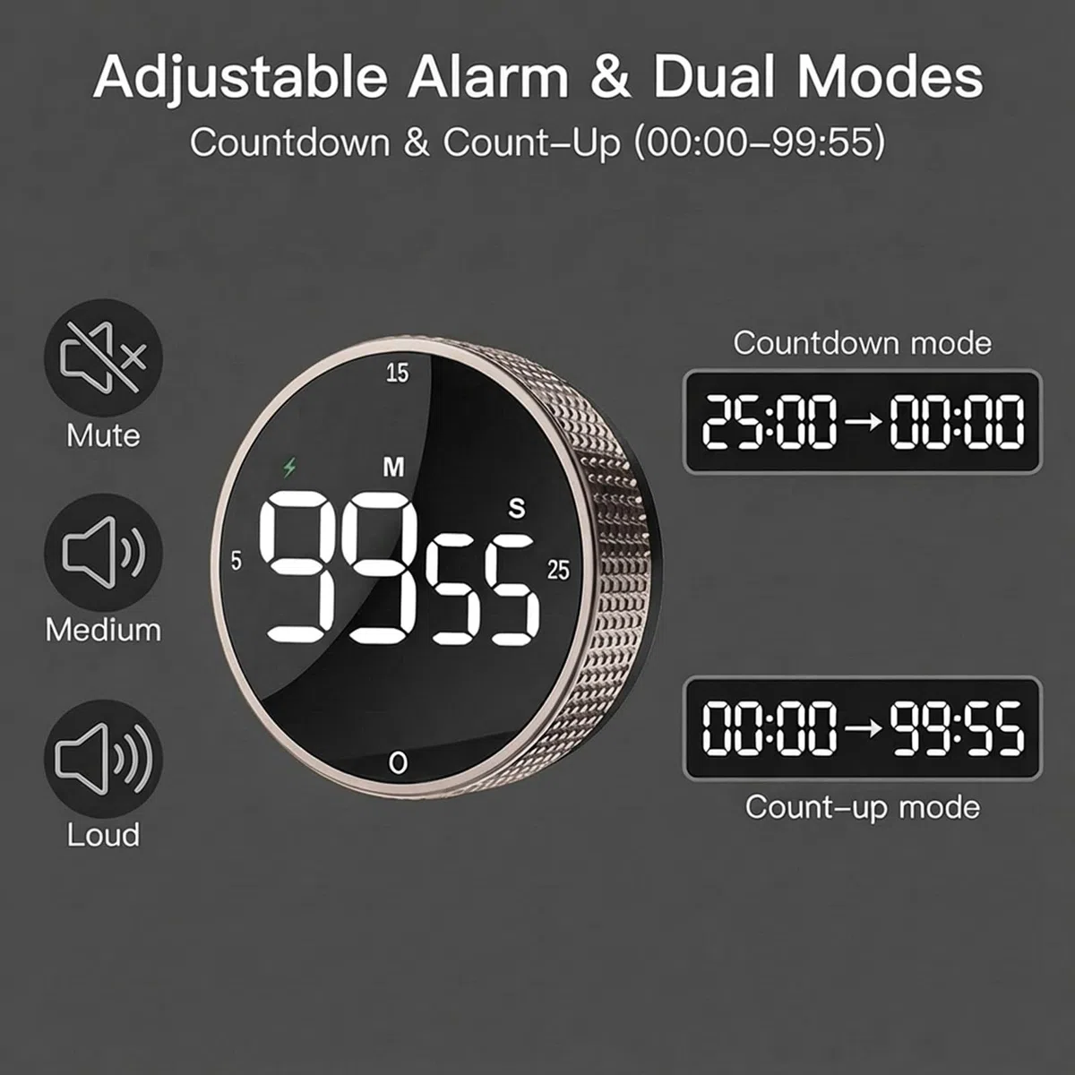 Temporizador de cocina digital magnético recargable con pantalla LED grande, alarma fuerte, 3 ajustes preestablecidos (5/15/25 min), 3 niveles de volumen, ideal para cocina, fitness y oficina (Marrón)