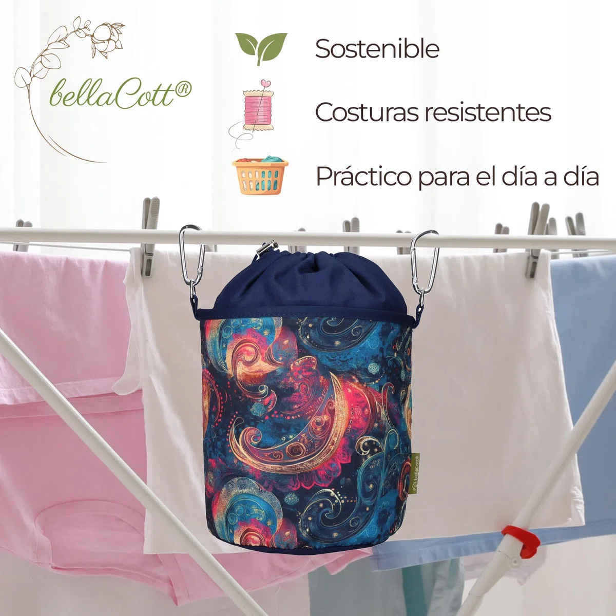 trendfinding Bolsa portátil para pinzas de la ropa, 18 x 31 cm, 100% algodón, con cordón y mosquetones, bolsa de almacenamiento para el hogar, jardín y camping
