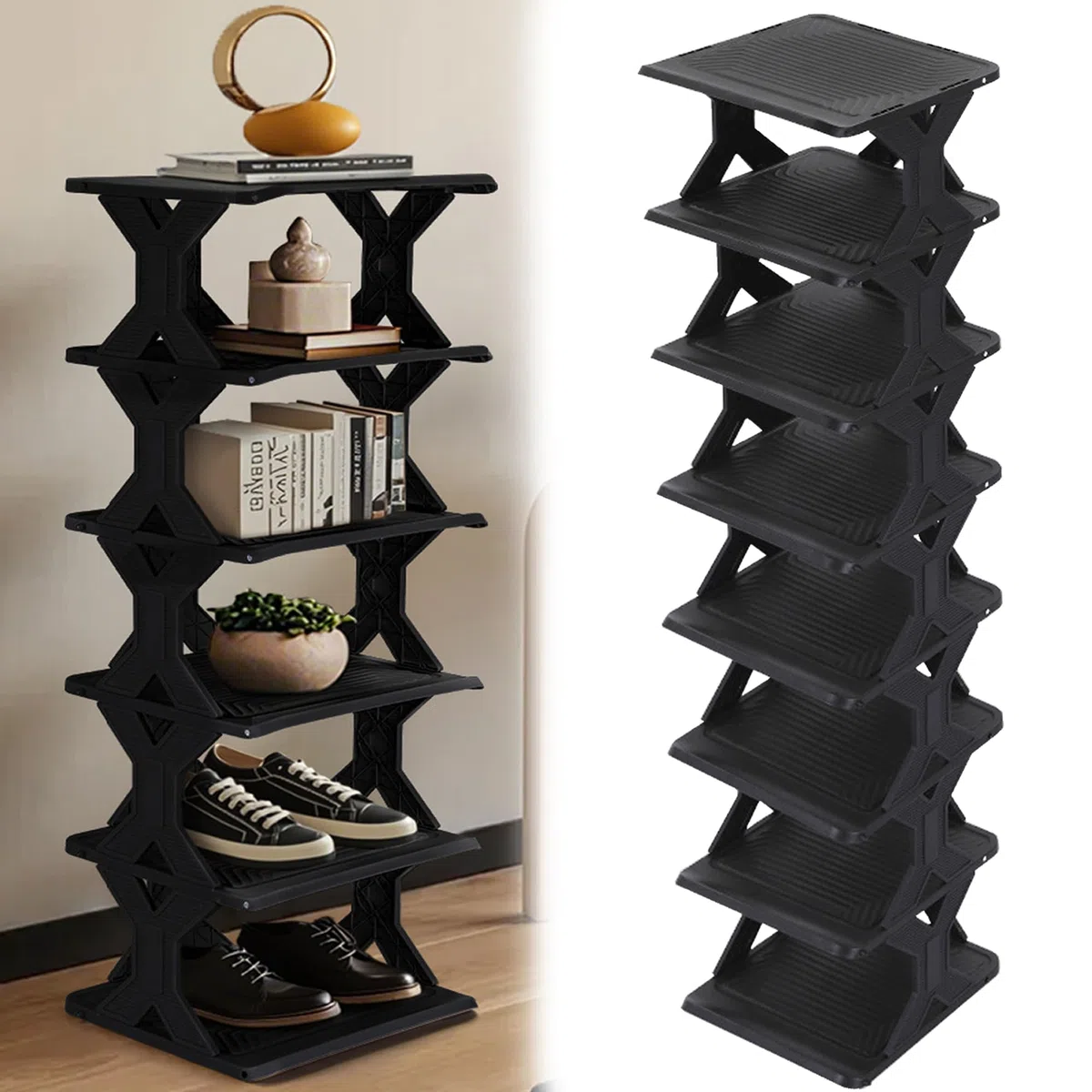 SUQ Zapatero estrecho de 8 niveles, zapatero de esquina, organizador de zapatos que ahorra espacio, zapatero apilable para entrada, pasillo y armario (negro)