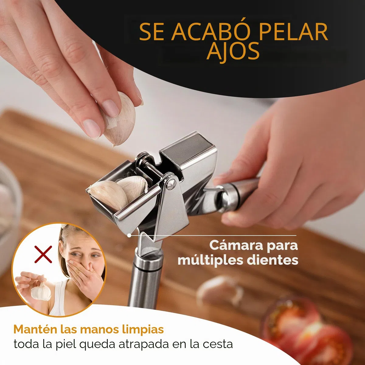 ORBLUE Prensa de Ajos y Machacador de Acero Inoxidable: ¡Prensa Ajos, Prensador y Picador Manual para Ajos Perfectamente Machacados y Aromáticos
