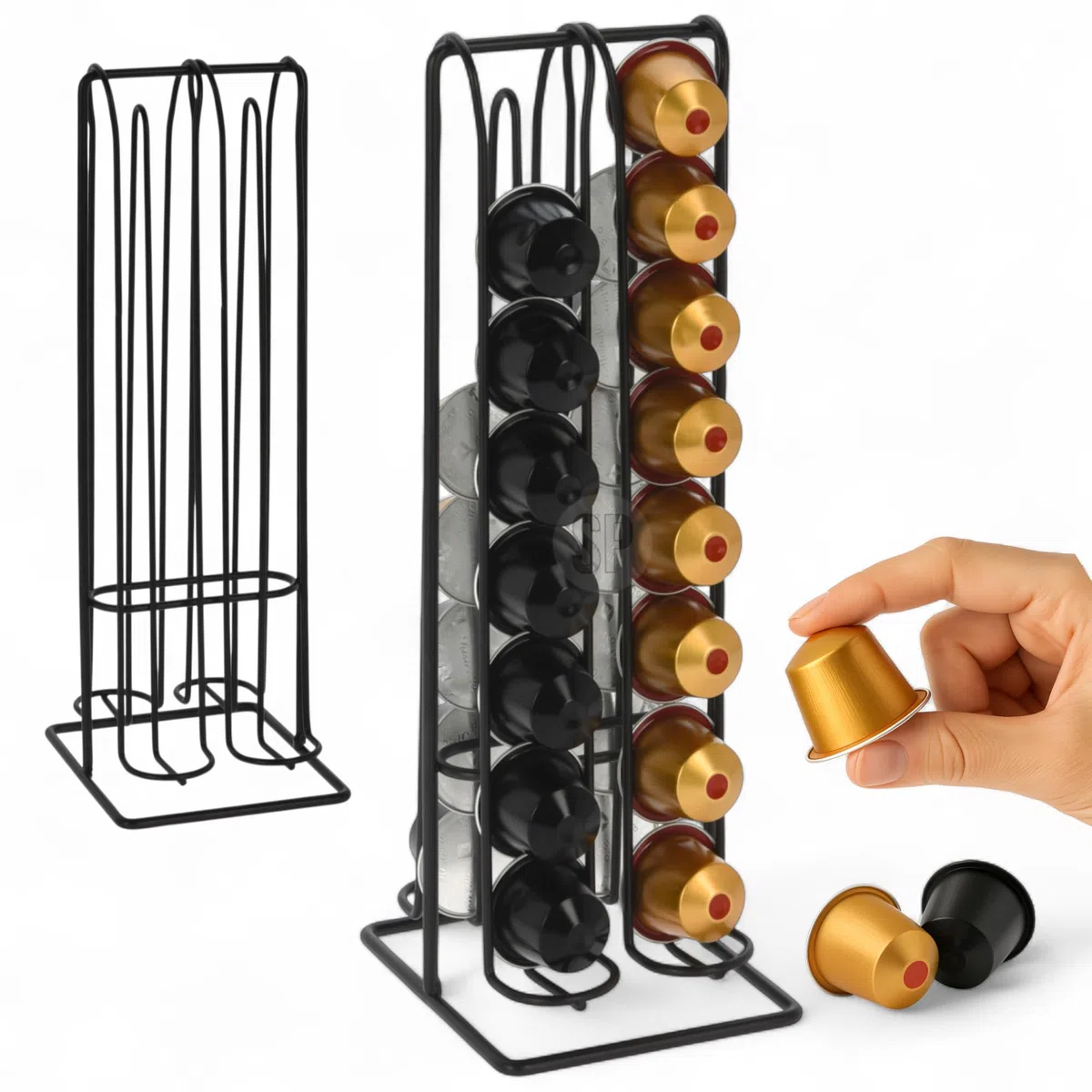 MIJOMA Soporte para cápsulas Nespresso – Soporte para 32 cápsulas – Negro – Dispensador de cápsulas de metal – Delgado y ahorra espacio – Organizador para cocinas modernas