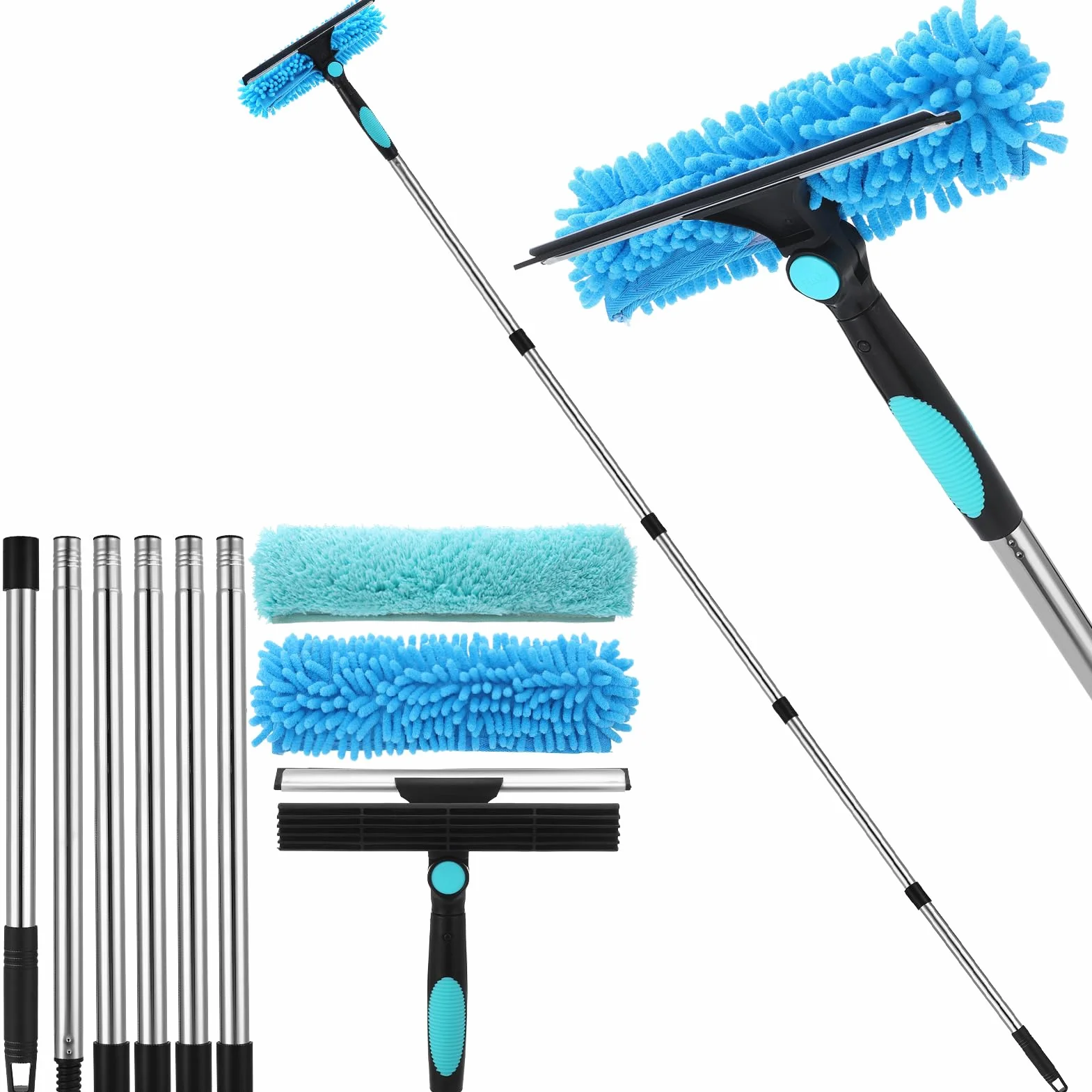 2 en 1 Profesional Raclette Vitre, Kit de Limpieza de Cristales con Manche Télescopique de 240 cm, Limpiacristales telescópico con Tête Flexible para Ventanas Altas de Interior, Azul