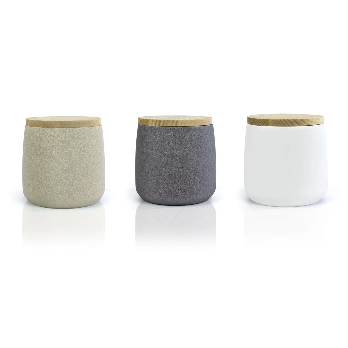 Algodonera con tapa de madera | Serie Forest | Resina | Organizar discos desmaquillantes, bastoncillos algodón, joyas | 10.5 cm ∅ x 10.5 cm | Gran tamaño (Blanco)