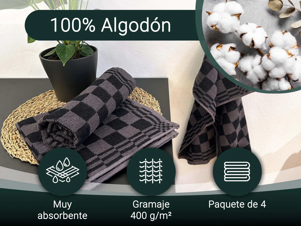 ZOLLNER Juego de 4 paños de Cocina de algodón en 50x50 cm - paños de Cocina Muy absorbentes y Resistentes - Lavables hasta 60°C - en Negros a Cuadros - Calidad hostelería - Certificado Oeko Tex