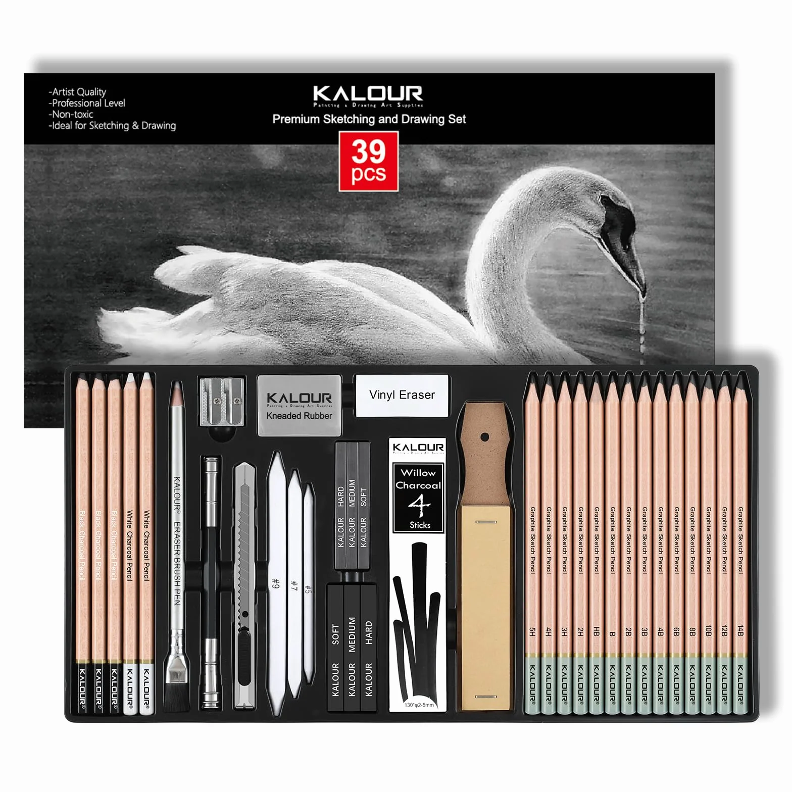 KALOUR PDAS - Juego de 39 lápices de dibujo profesionales (5H-14B), lápices de carboncillo blanco y negro para bocetos, borrador, pincel, carboncillo, lápices de arte para artistas y principiantes.