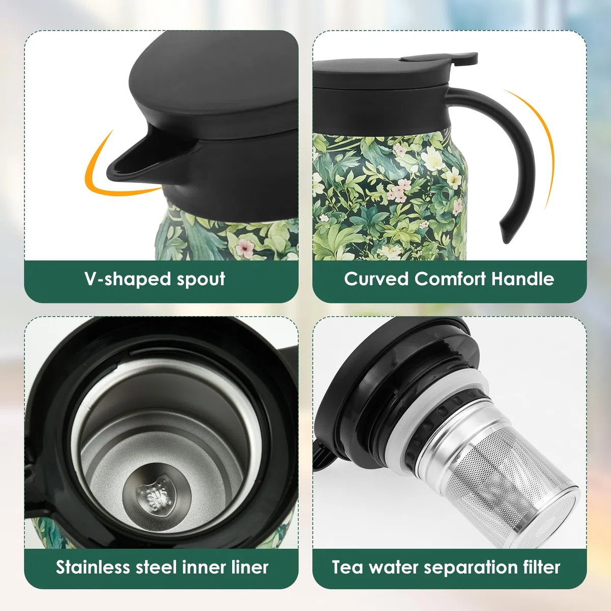 Termo con colador de té, tetera térmica de 800 ml, aislamiento multicapa, acero inoxidable, bien sellada, para café, té y leche (verde)