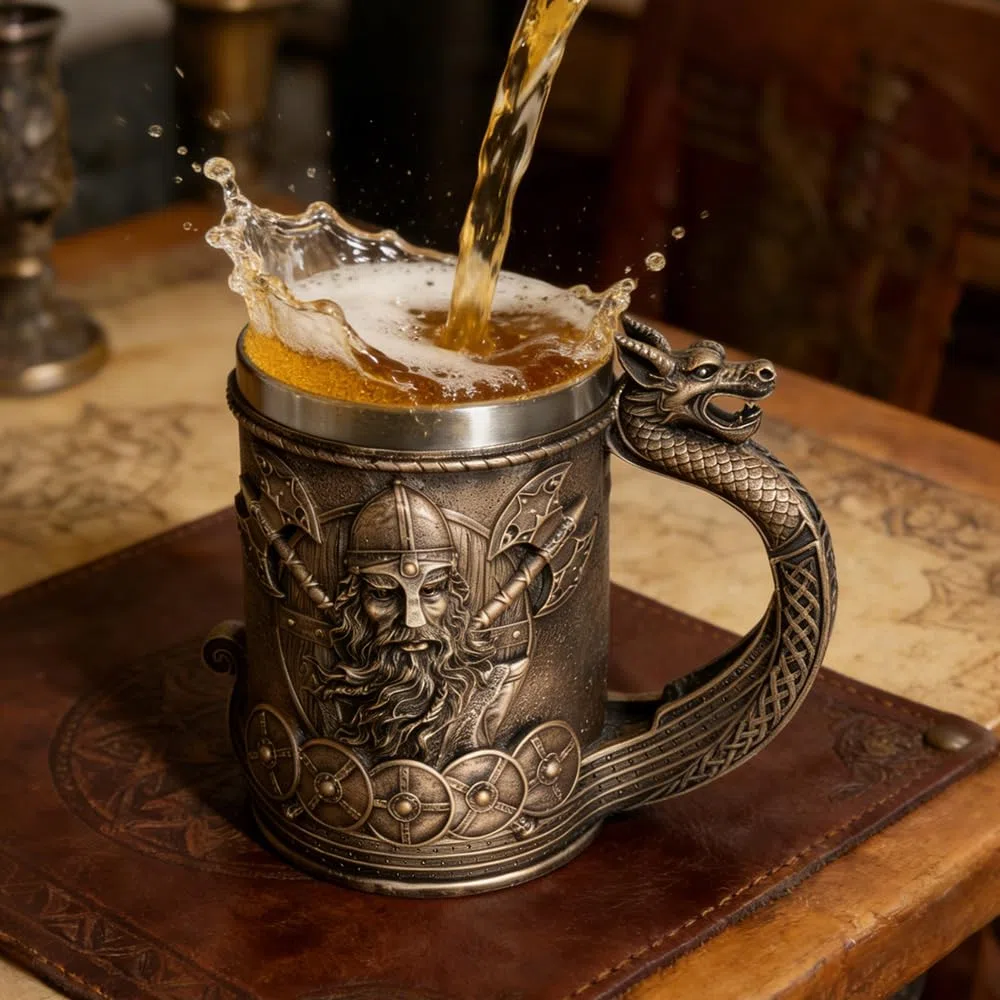 Jarra Cerveza Vikinga, SGZIOO Jarra Cerveza de Madera 500ml, Rune Vintage Caneca Cerveja Con Forro de Acero Inoxidable, Taza de Bebida Medieval para Café/Bebida, Hombres y Regalo del Día Del Padre