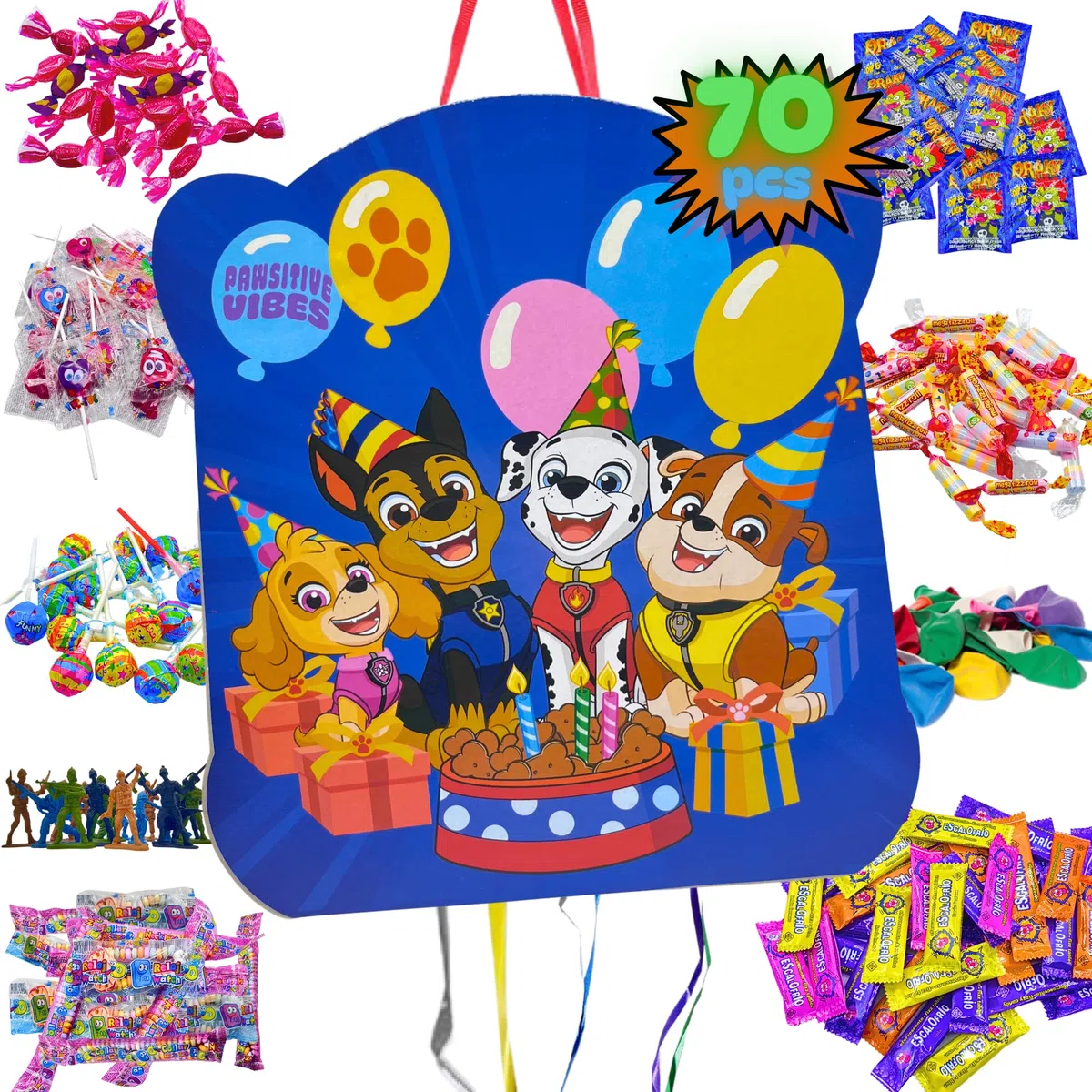 Piñata Patrulla Canina + Pack 70 Chuches Sin Gluten y Juguetes Piñata - Piñata Cumpleaños - Patrulla Canina Cumpleaños - Piñata - Relleno Piñata - Infantil - Paw Patrol - PARTY4EVER