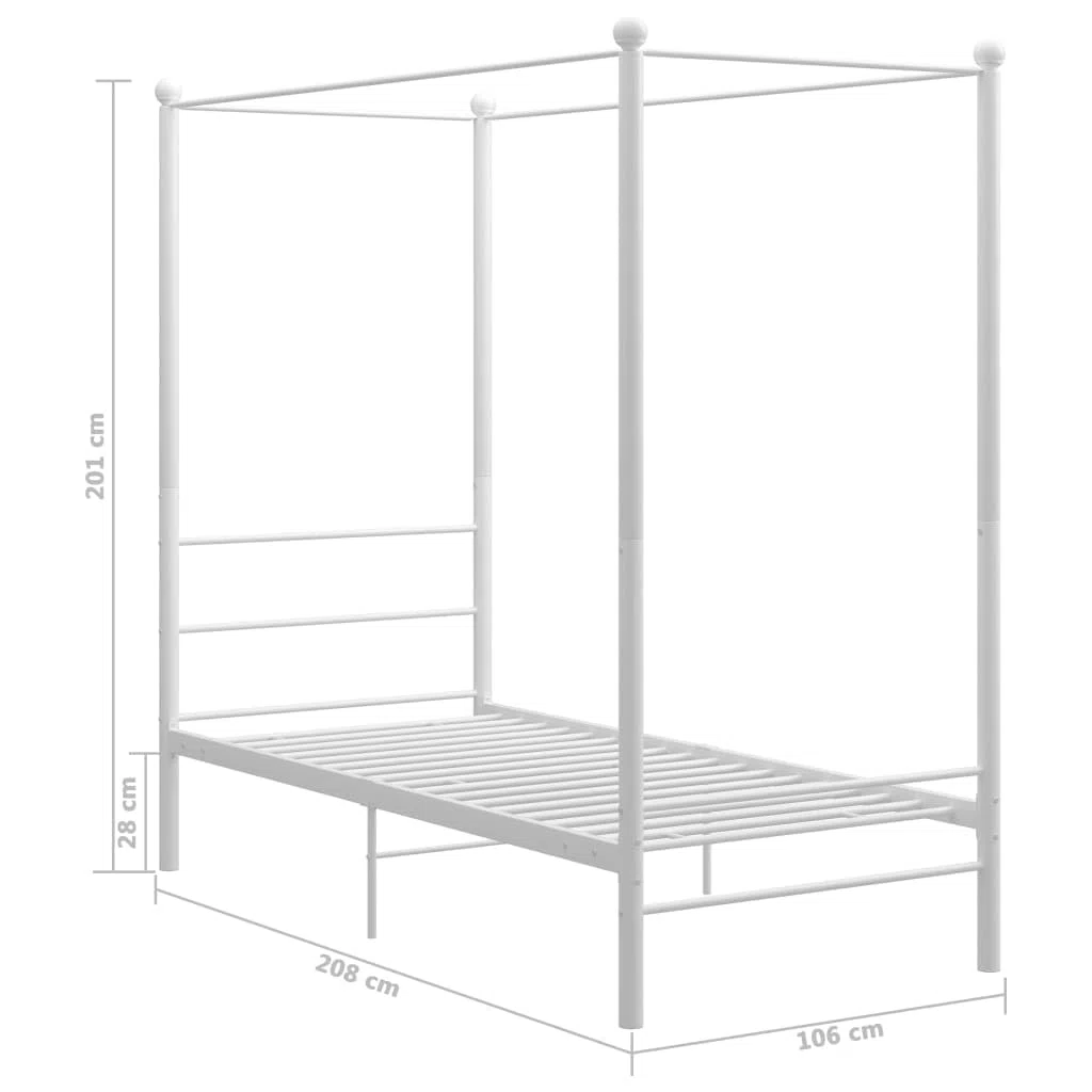 Cama con dosel de metal blanco, 100 x 200 cm, elegante estructura de cama con recubrimiento de polvo para mayor resistencia y durabilidad, 208 x 106 x 201 cm