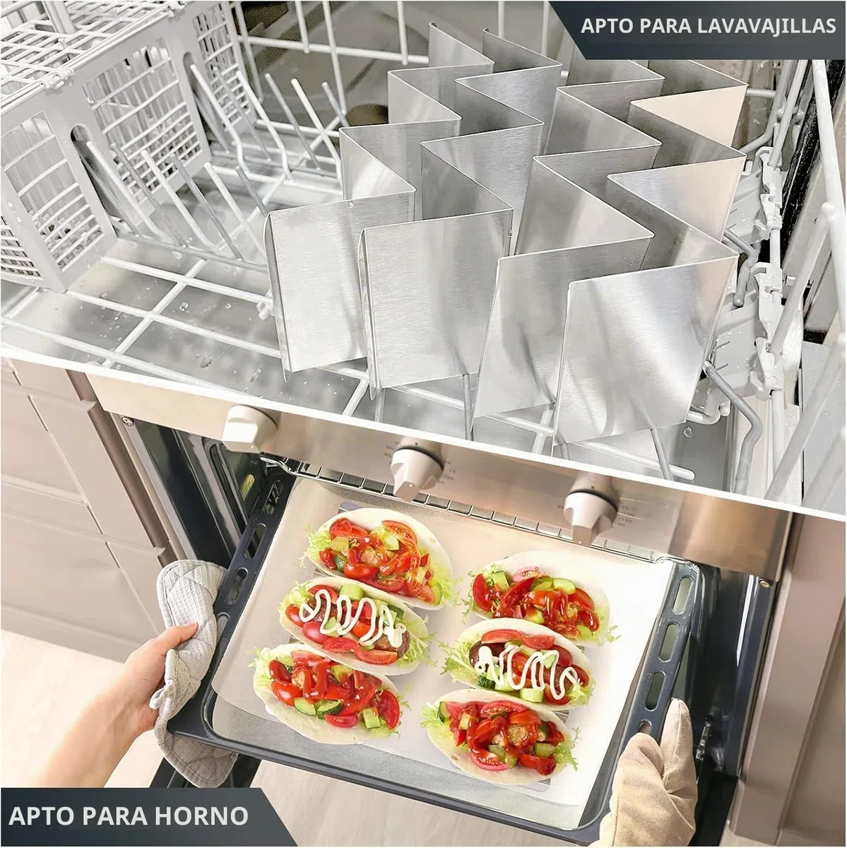 LATERN 6 Piezas Soportes para Tacos, 21CM x 10CM Soporte para Tacos de Acero Inoxidable Bandeja Vertical para 3 Piezas Tacos Elegantes Soportes con Asas - Apto para Horno, Parrilla y Lavavajillas