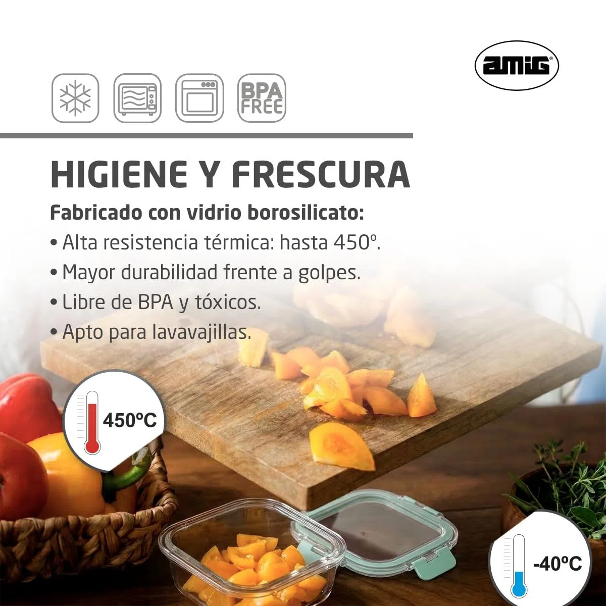 Amig - Set de 4 Recipientes cuadrados Herméticos para Alimentos - Capacidad: 320 ml - 112 x 112 x 50 mm - Contenedor de Cristal para Microondas, Horno, Congelador y Lavavajillas - Color verde