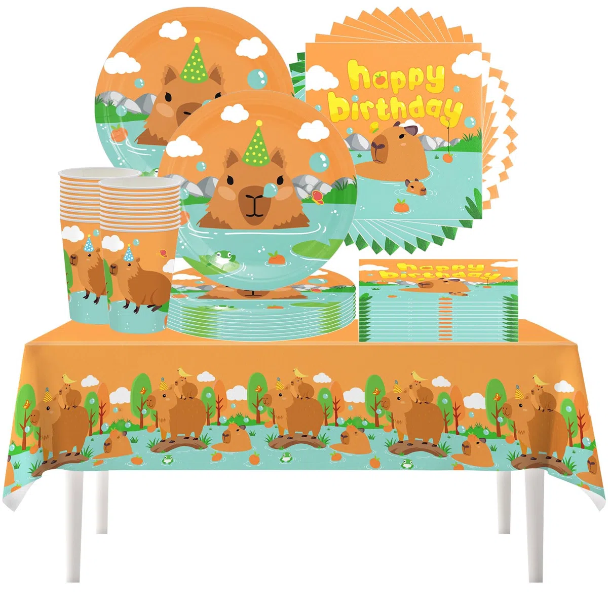 61 Piezas Capybara Party Tableware, fiesta temática Capybara, juego de vajilla incluye platos, tazas, servilletas, manteles, adecuado para baby shower, fiesta de cumpleaños (20 personas)