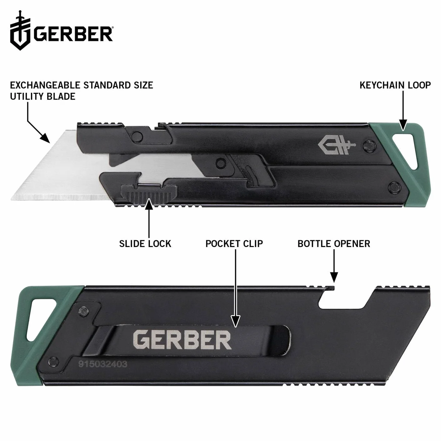 Gerber Navaja con clip de bolsillo, E.A.B. Slim, hoja trapezoidal estándar intercambiable, bloqueo deslizante, longitud de la hoja: 3,7cm, acero inoxidable (7Cr17MoV), 1075425