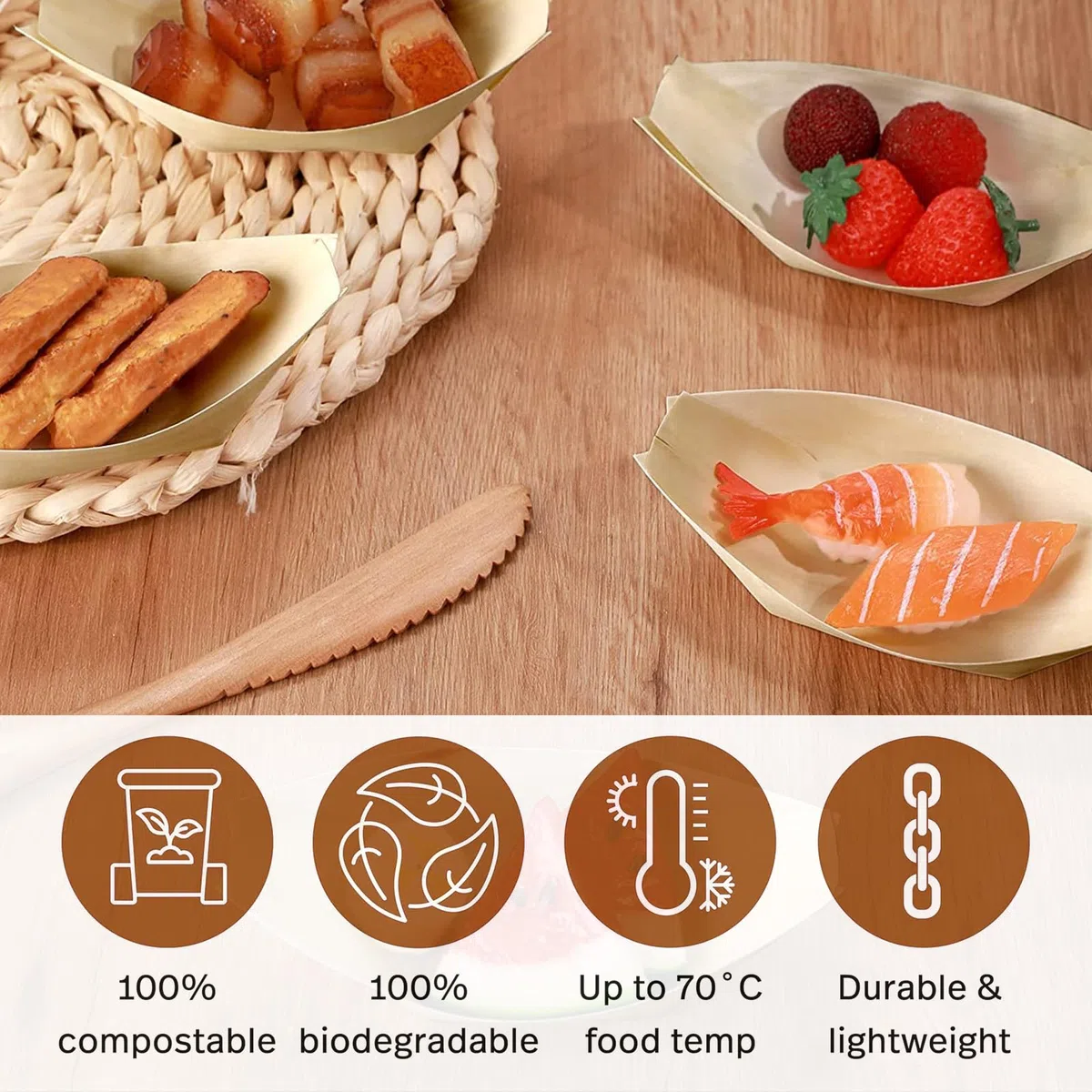 100 cuencos desechables de bambú para fingerfood con clips