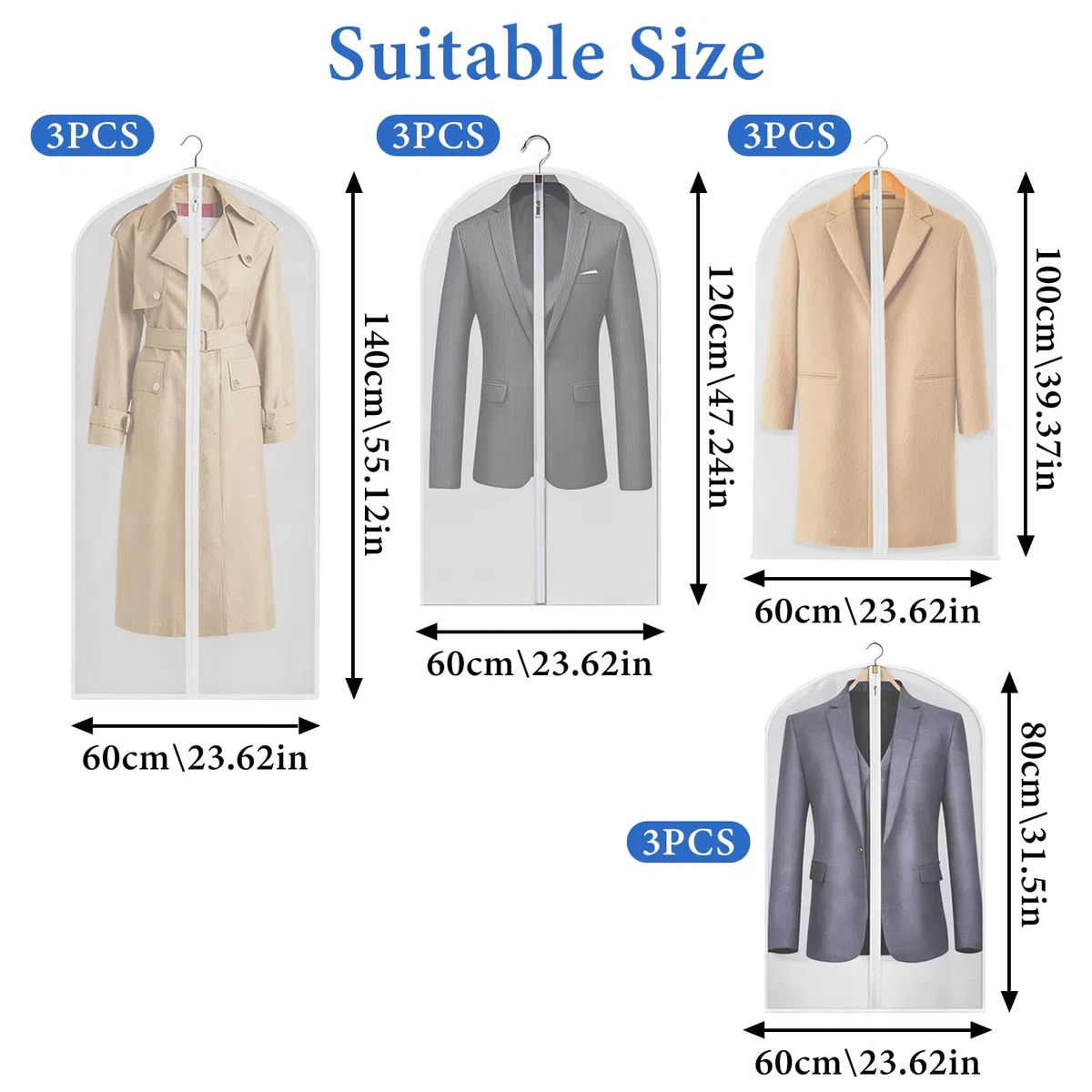 12 Funda para Guardar Ropa, Transparente Bolsa de Traje Almacenaje Ropa Armario, Bolsa Guardar Ropa Antipolvo Impermeable con Humedad para Vestidos, Abrigos, Apparel, Camisas, 60 x 140/120/100/80 cm