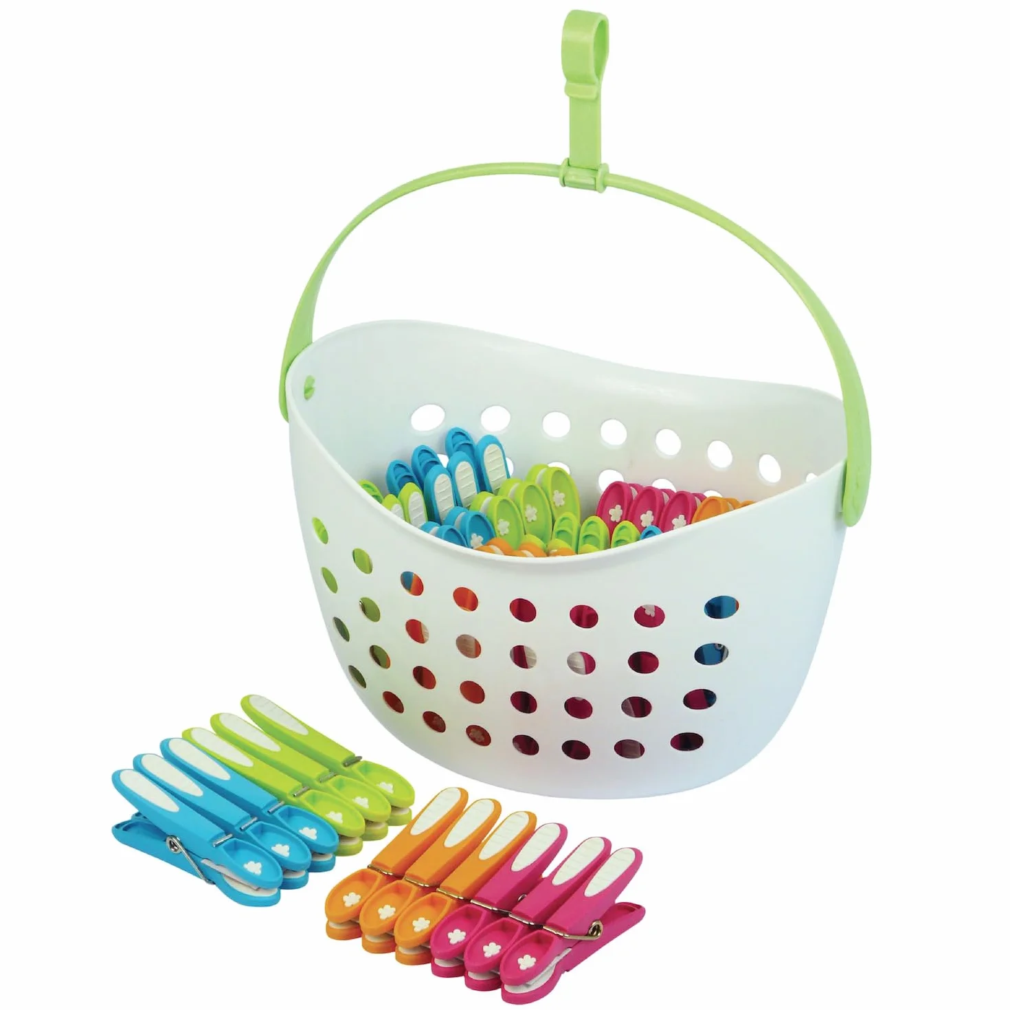 Cesta con 48 Pinzas Antideslizantes – Fabricación Francesa – Cesta Blanca – Pinzas a Juego (Verde, Azul, Naranja, Rosa)
