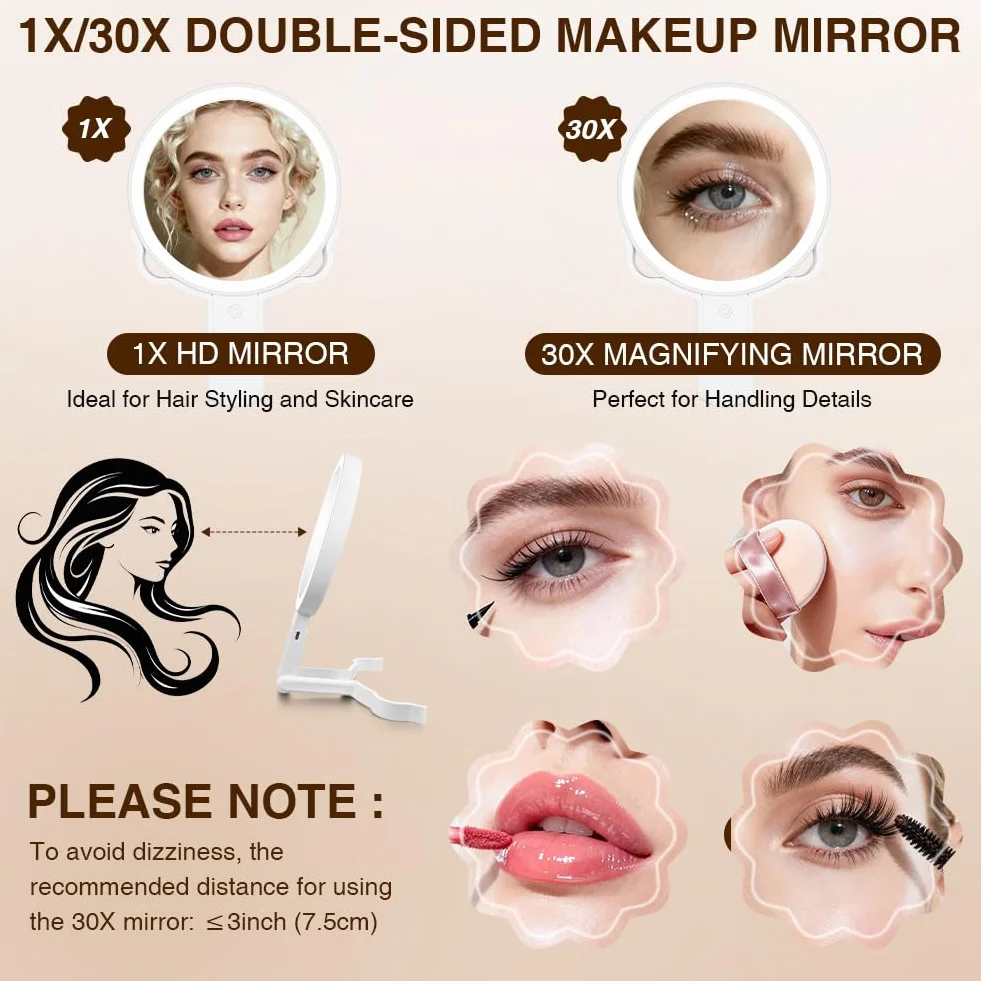 AUAUY Espejo Maquillaje con Luz, Aumento 30X/1X, Espejo Espelho Maquilhagem Portátil, 3 Modos de y Brillo Ajustable, Colgar Pared de Mesa Mano Portátil, para Dormitorio, Tocador, Viajes - Blanco