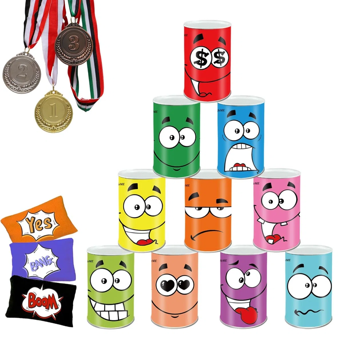 Juegos Exterior Niños Jardin, Juego de Lanzamiento, Juego Tirar Latas Punteria, 10pcs Sonreír Metal Tirar Latas + 3pcs Bolsas de Frijol + 3pcs Medalla, Callejón de Lata Juguetes para Fiesta