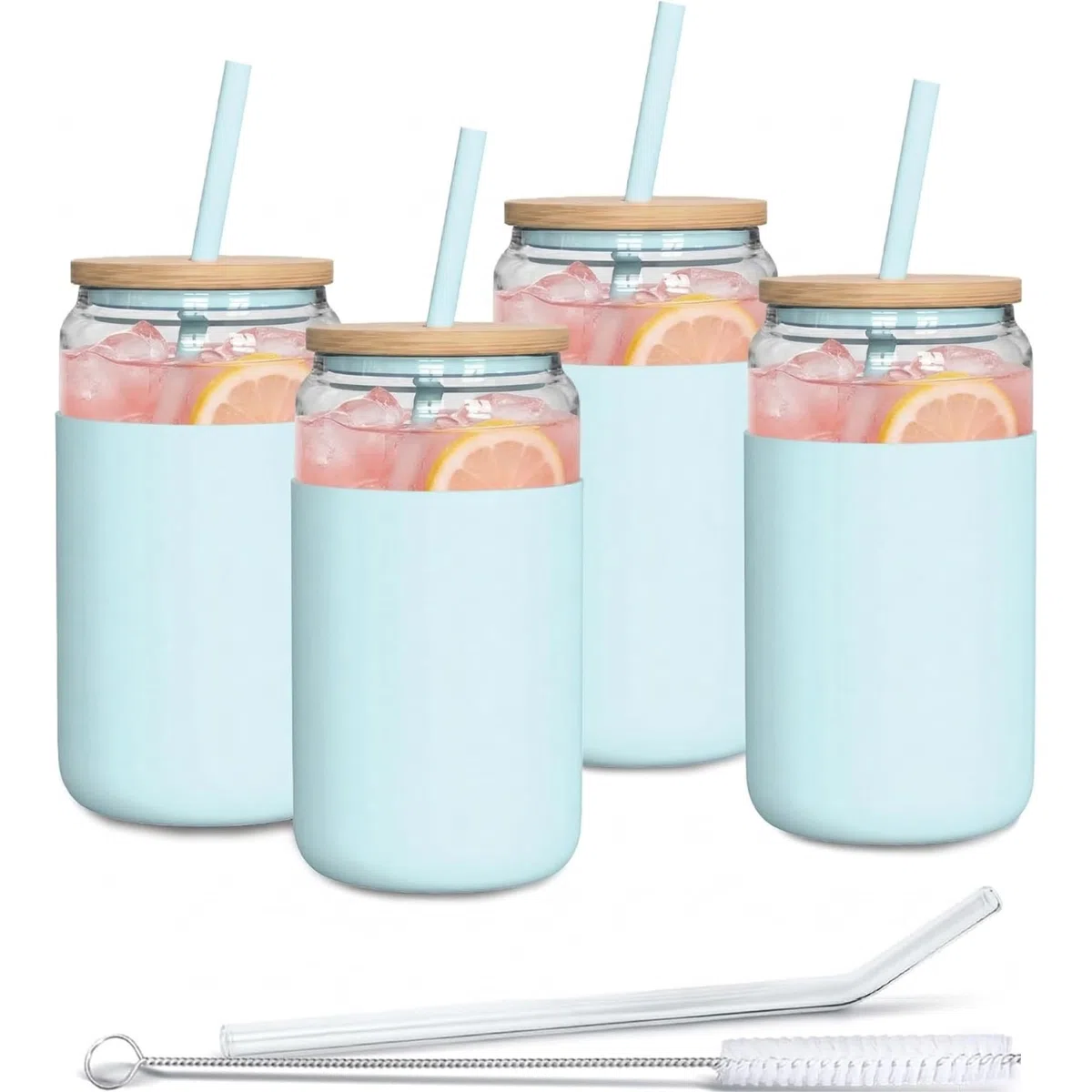 Aquafloow Vaso con pajita y tapa 500 ml | Vasos reutilizables Funda de silicona | Set de vasos - 2 pajitas 1 varilla de limpieza | Para batidos, café, cócteles - 4 piezas - Azul