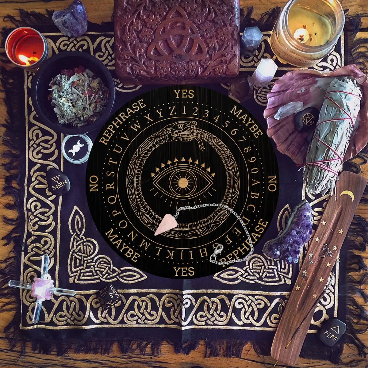 AHANDMAKER Juego de tablero de péndulo, tablero de madera para adivinación, tablero de mensajes metafísicos con collar de péndulo de cristal para brujería, kit de suministros de altar wiccano,