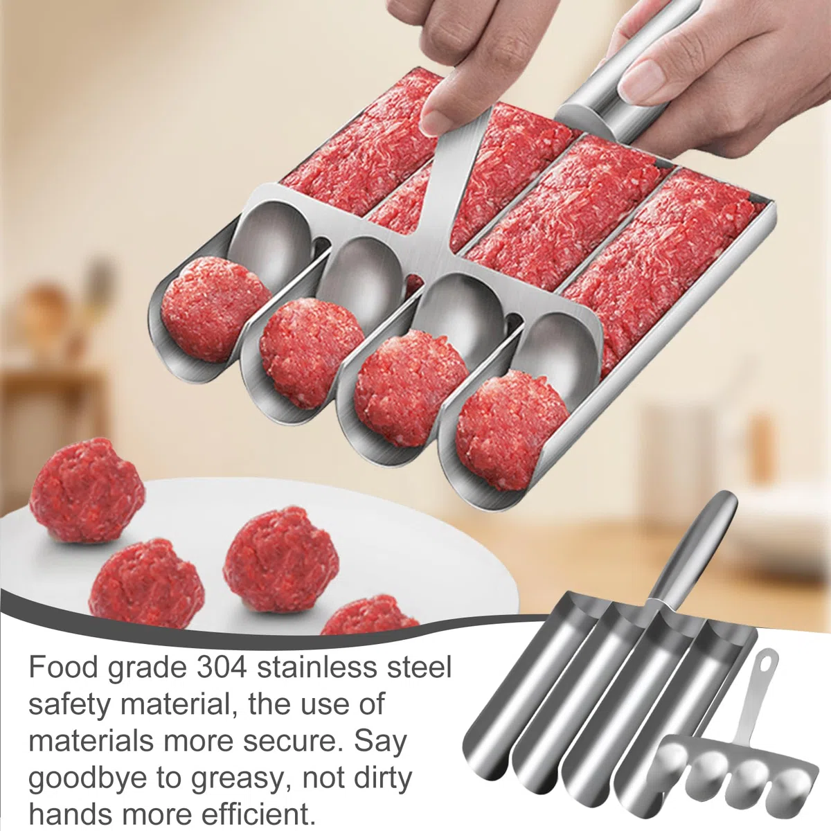 Fabricante de albóndigas con pala de corte, cocina 4 tubos Meatball Maker Acero inoxidable Manual albóndigas Manuales Herramientas de cocina para Cooping Rápido Albóndigas Bolas de pescado (4 tubos)