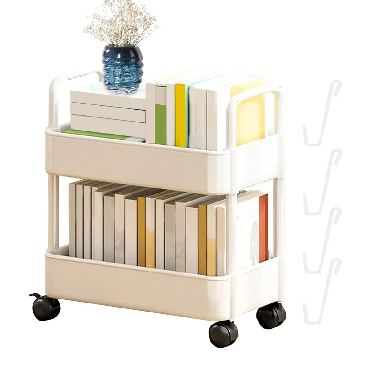 37x25x43,5cm Carro De Estantería Móvil Con 4 Ganchos - Carrito Libros Móvil, Estantería Organizadora Móvil Para Niños, Estantería Móvil Para Libros Con Ruedas, 2 Niveles Estante Almacenamiento Móvil