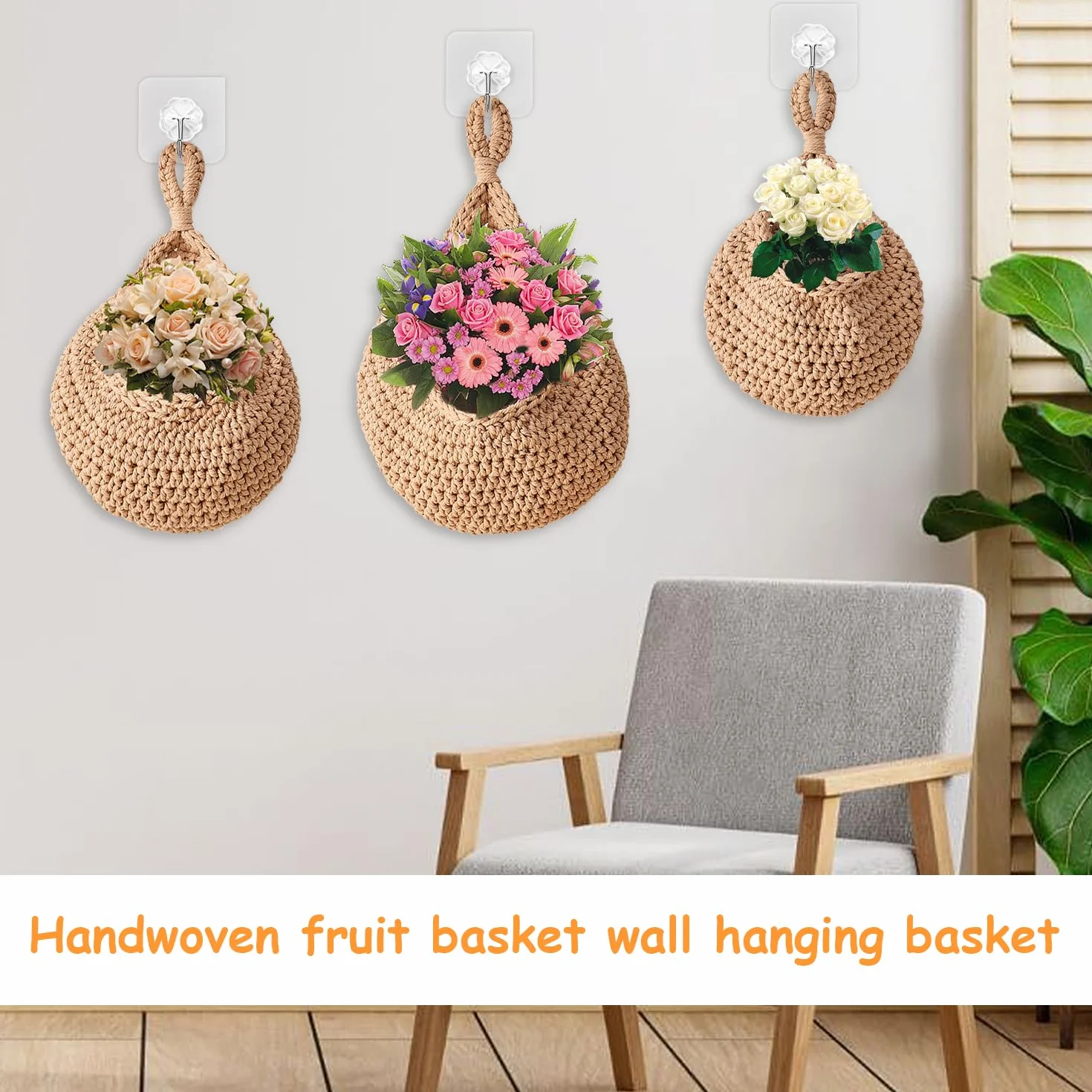 3 Piezas Cestos para colgar de mimbre tejidos a mano - Almacenaje y decoración bohemia para frutas, verduras, flores y juguetes de peluche (Yute)