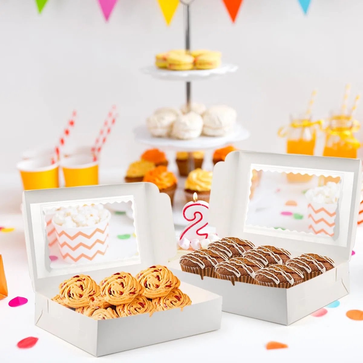 TIMESETL 10 Caja de Reposteria 30x20x7 CM Cajas de Pasteles con Ventana Transparente Cajas Cartón para Tartas Rectangular para Dulces Galletas Pasteles Caja Bento Cake